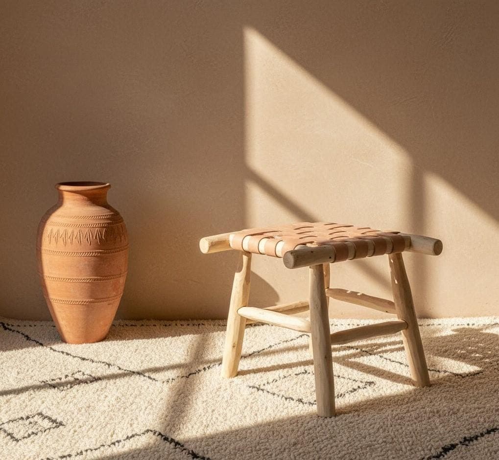 Tabouret en bois et cuir tressé