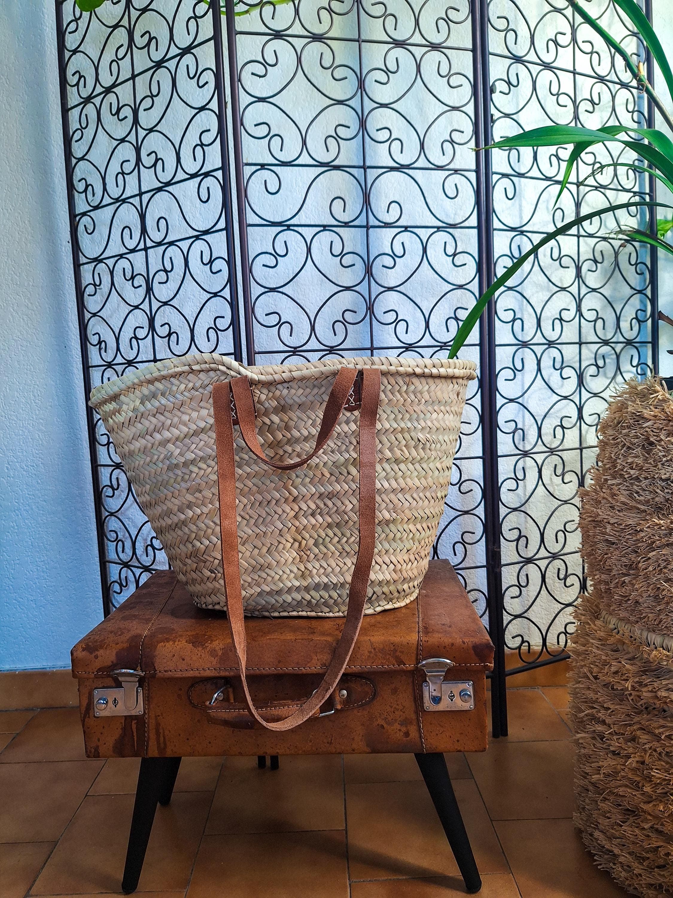 Panier cabas en paille avec double anses cuir – Sac bohème chic artisanal marocain