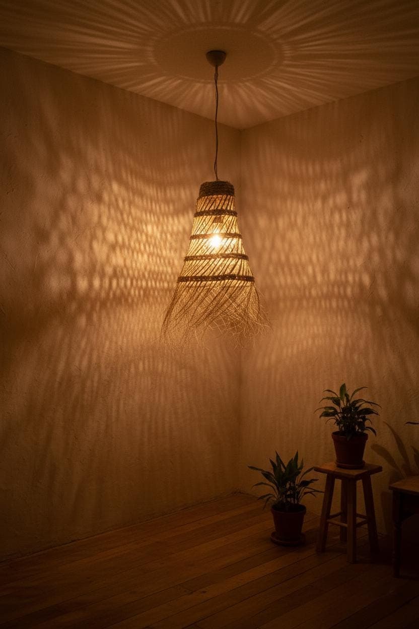Openwork conical palm leaf pendant light – Natural woven straw lampshade