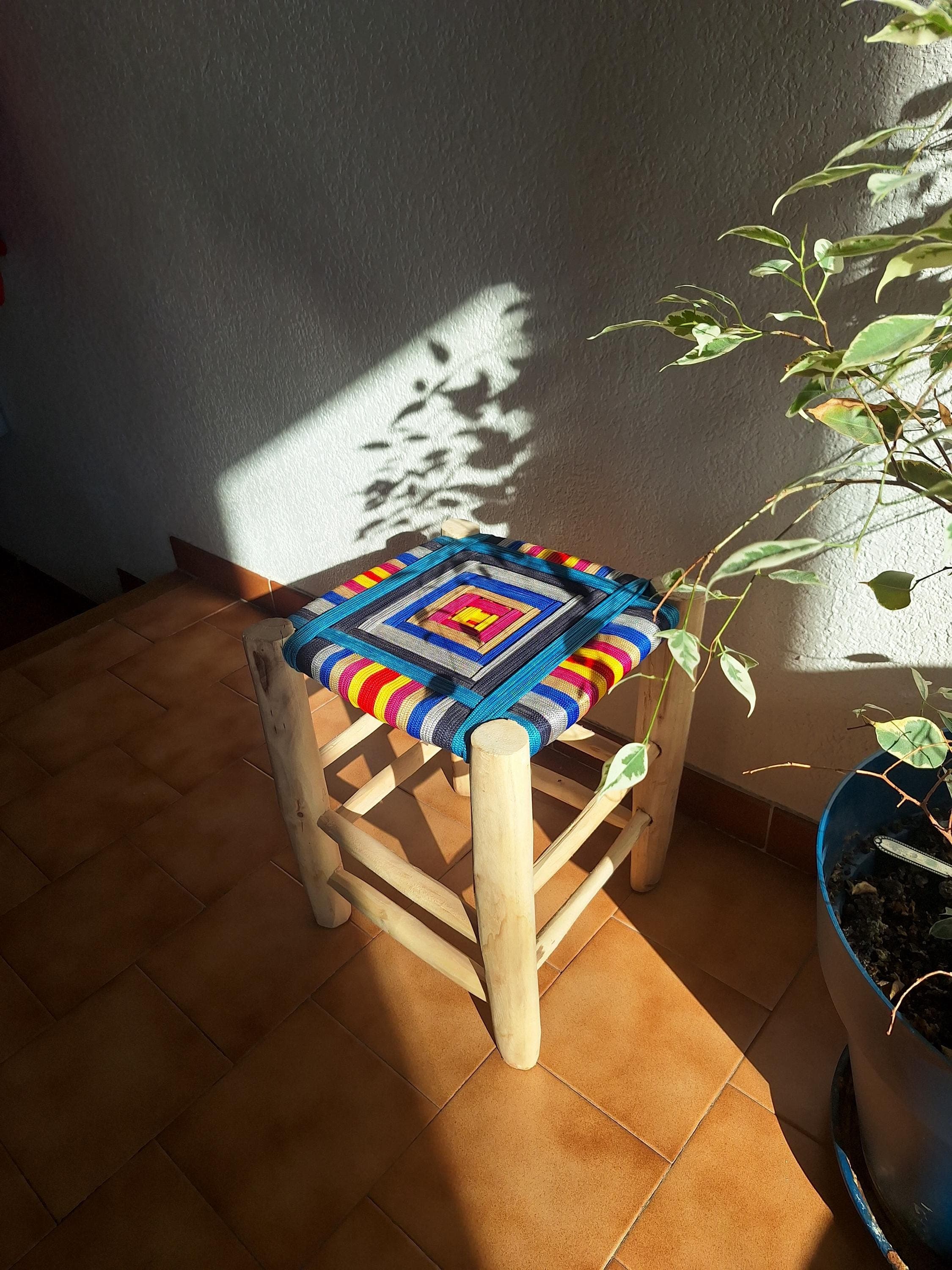 Boho stool in wood and colorful weaving