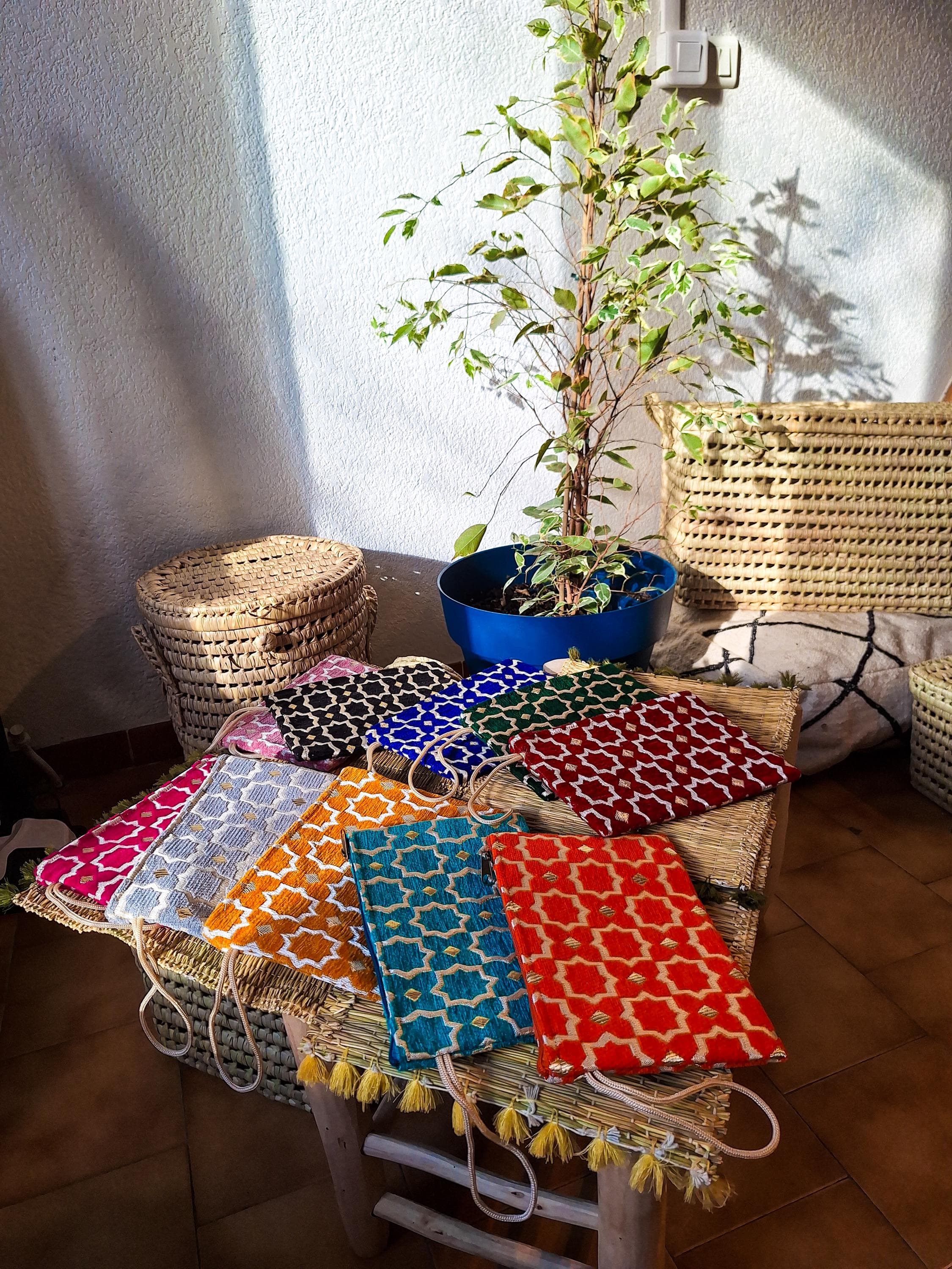 Pochette Zippée Velours Brocard Marocain - Trousse Maquillage Artisanale - Sac à Main Ethnique Fait Main