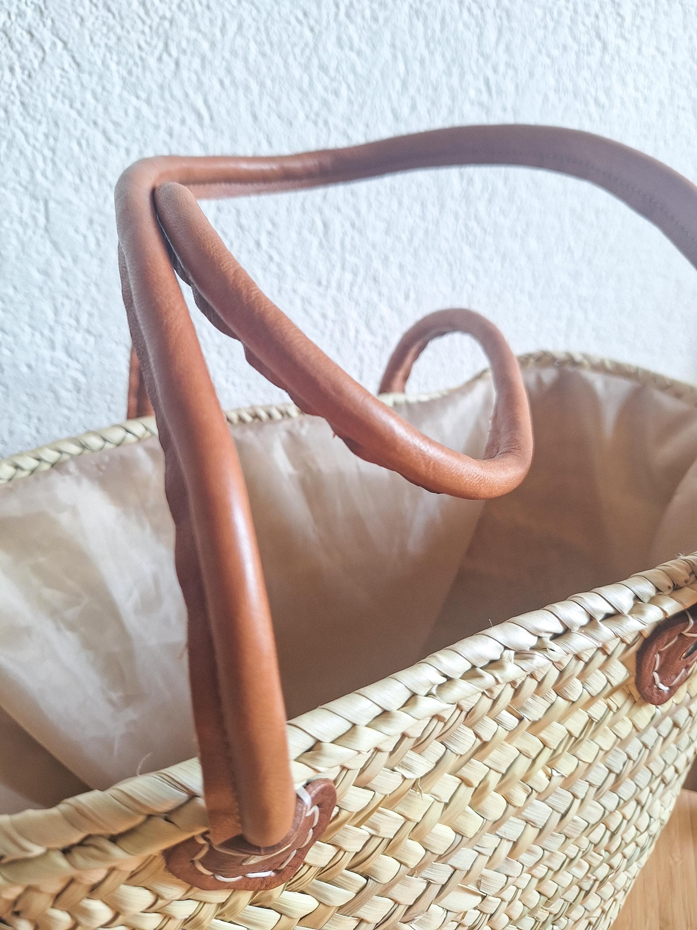 Panier cabas en paille tressée avec anses en cuir – Panier d’été fait main – Sac artisanal marocain bohème chic
