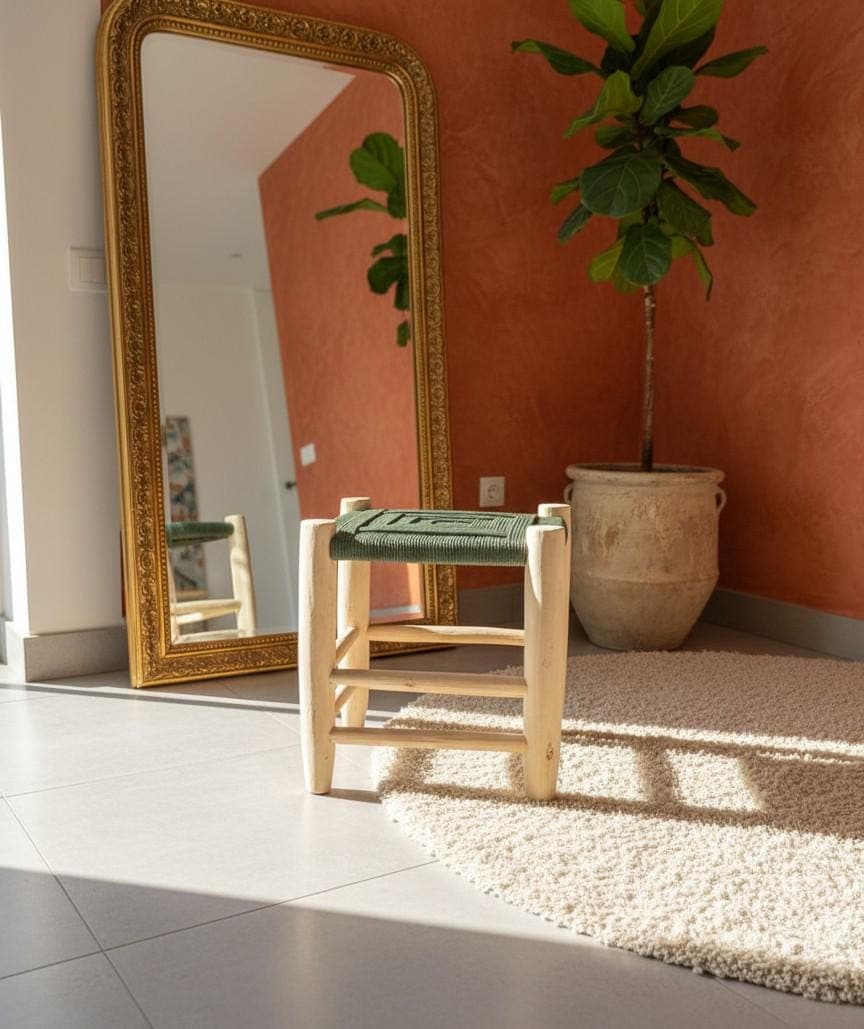 Tabouret marocain en bois et corde vert – Meuble artisanal bohème
