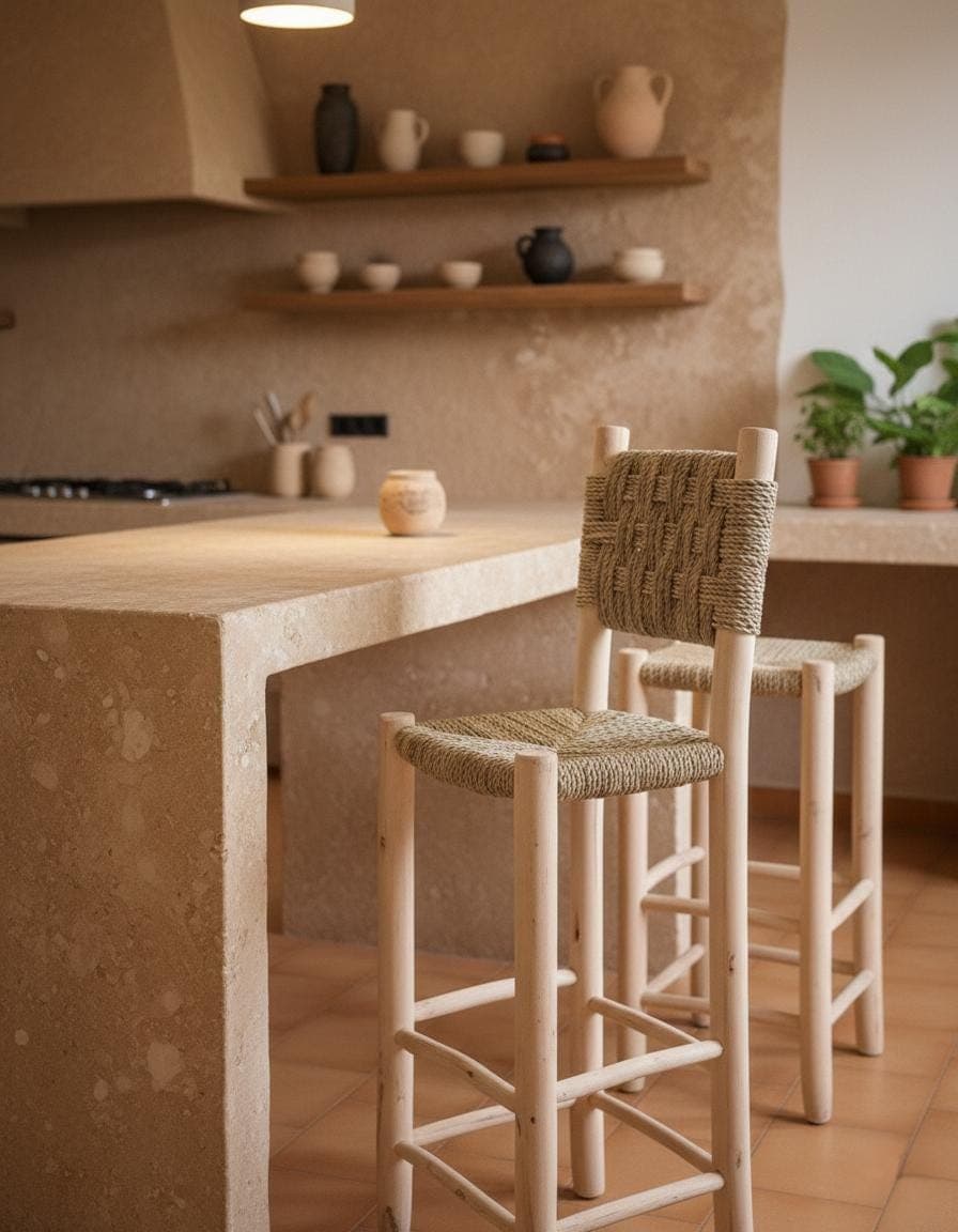 Tabouret de Bar Marocain Fait Main - Bois Eucalyptus et Feuille de Palmier - Chaise Haute Artisanale Bohème