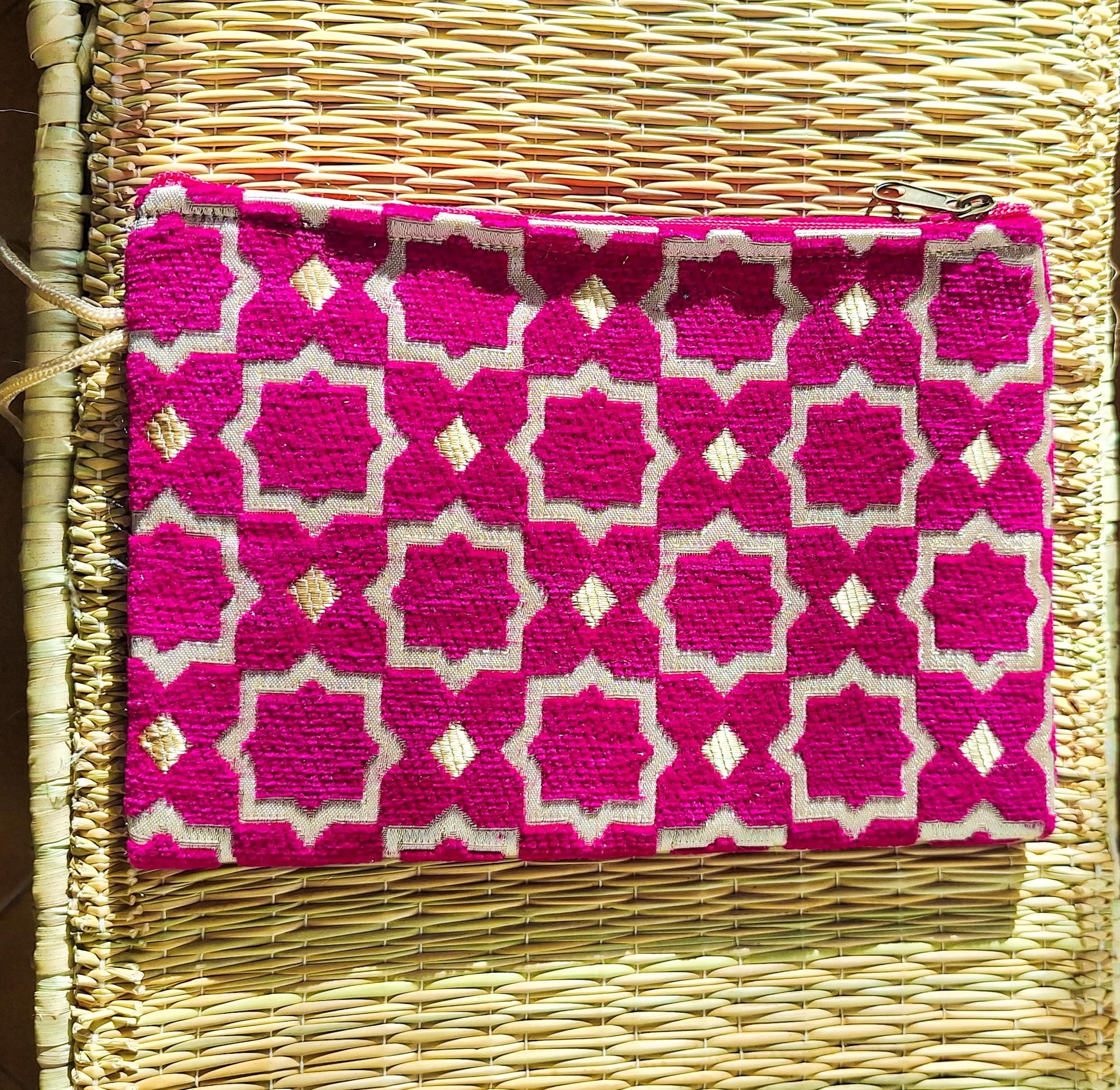 Pochette Zippée Velours Brocard Marocain - Trousse Maquillage Artisanale - Sac à Main Ethnique Fait Main - 10 teintes raffinées