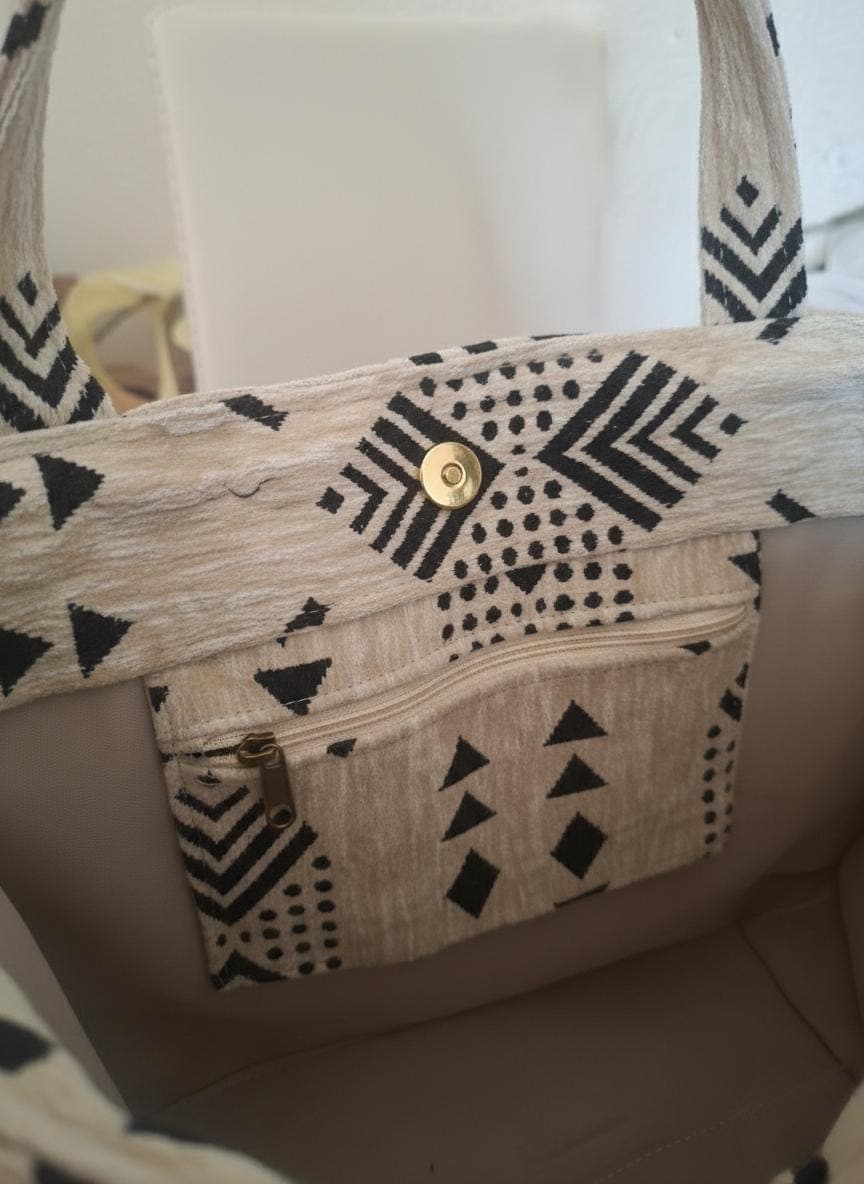 Large White Moroccan Tote Bag - Black Berber Pattern Fabric - Boho Chic Shoulder Bag - Handmade Ethnic Market & Beach Bag