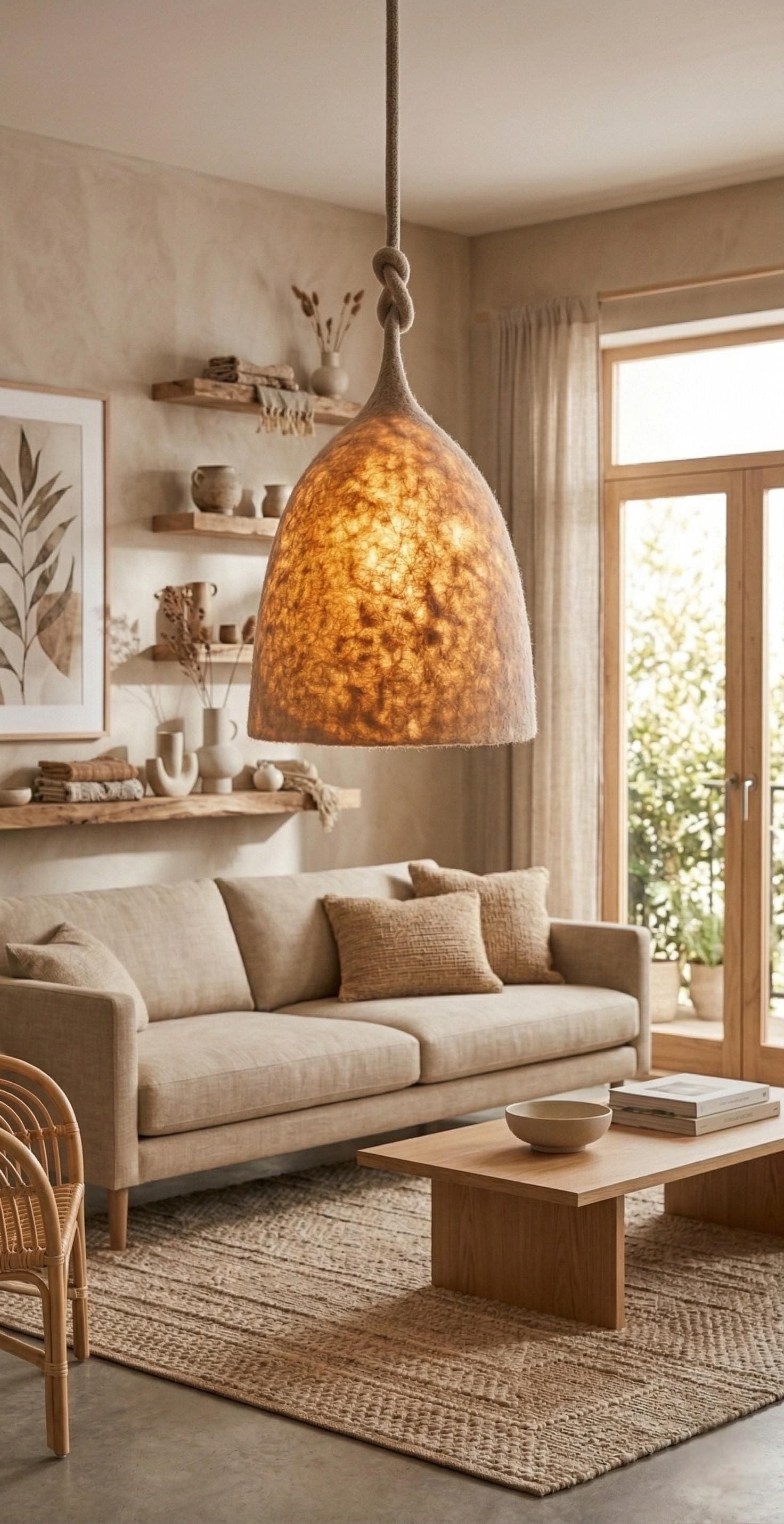 Felt Wool Pendant Light – Handmade Boho Ceiling Lamp – Natural Fiber Hanging Light – Minimalist Scandinavian Lighting – Cozy Home Decor