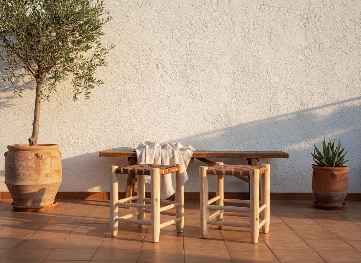 Tabouret artisanal en bois et cuir tressé – cuir foncé ou cuir clair – Style bohème chic et rustique moderne