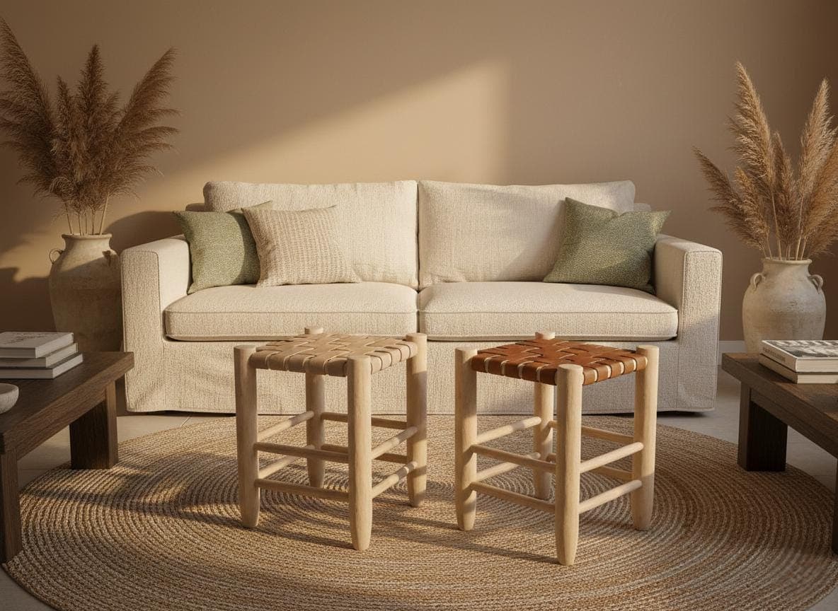 Tabouret artisanal en bois et cuir tressé – cuir foncé ou cuir clair – Style bohème chic et rustique moderne