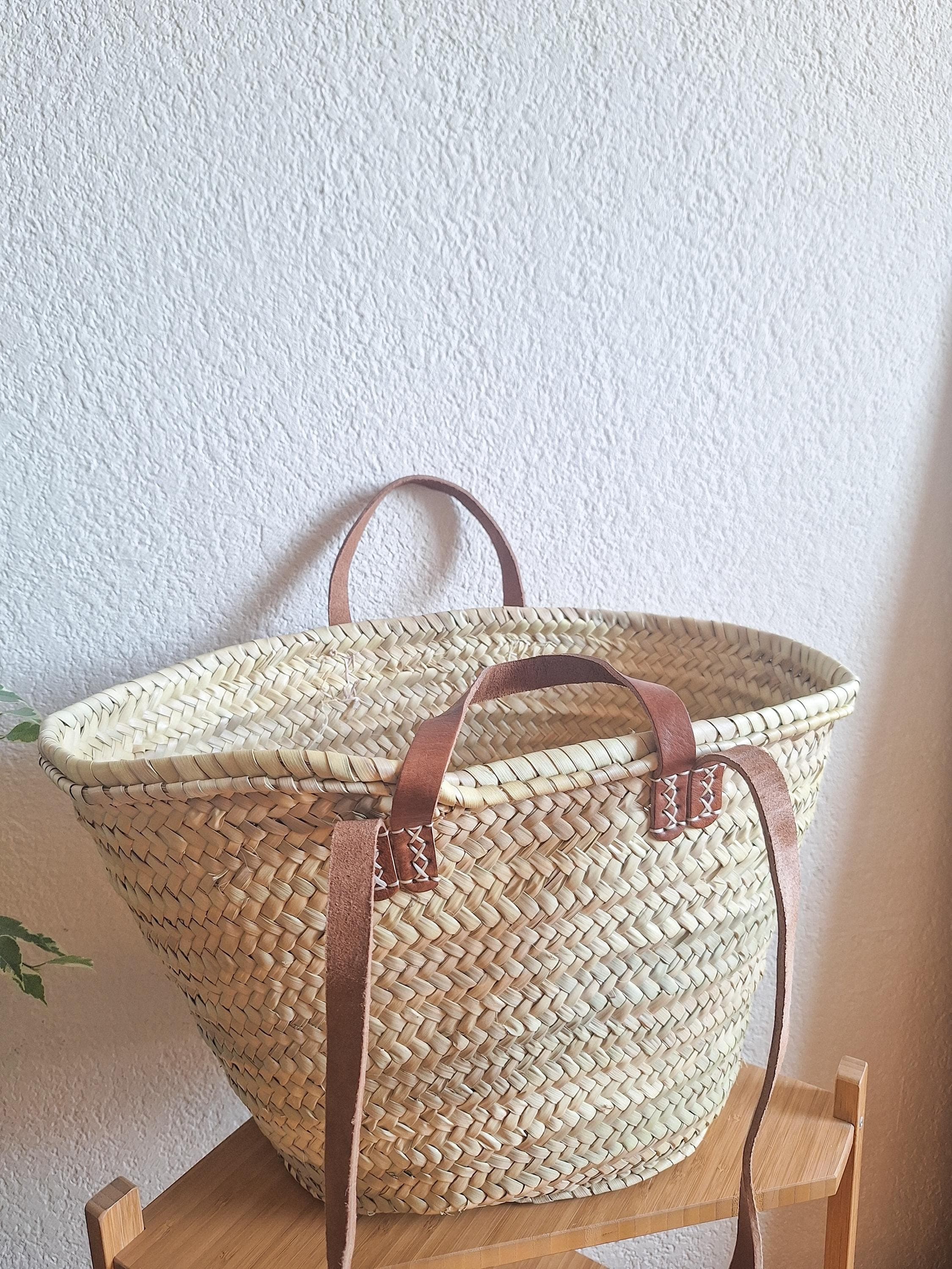 Panier cabas en paille avec double anses cuir
