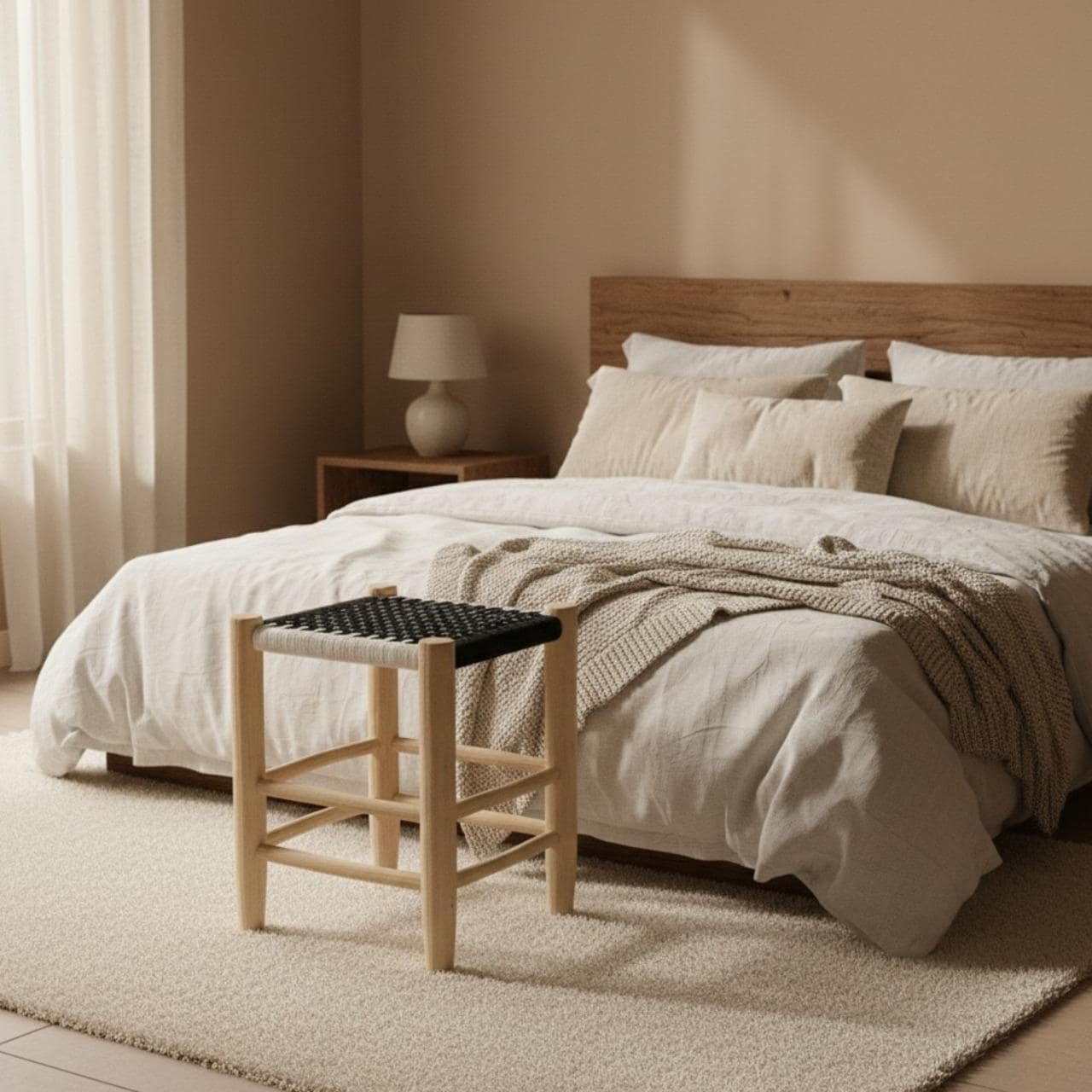 Handcrafted stool in light wood with a woven seat – natural and ethical decor