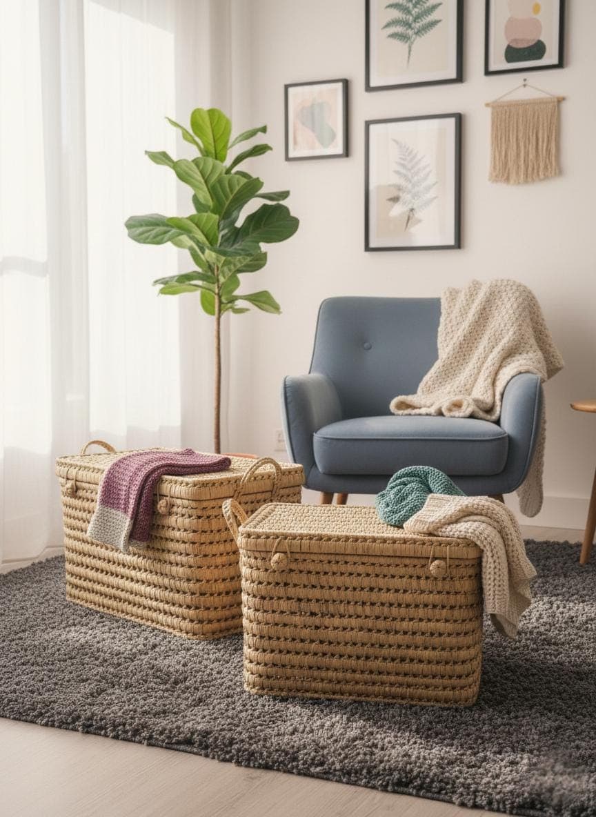 Malle de rangement artisanal en osier – Panier fibres naturelles et déco bohème