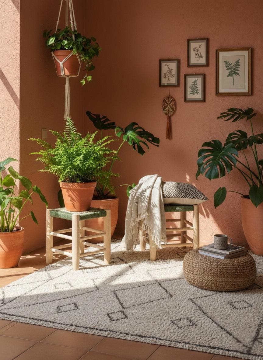 Tabouret marocain artisanal en bois et corde – Siège bohème en paille naturelle tressée