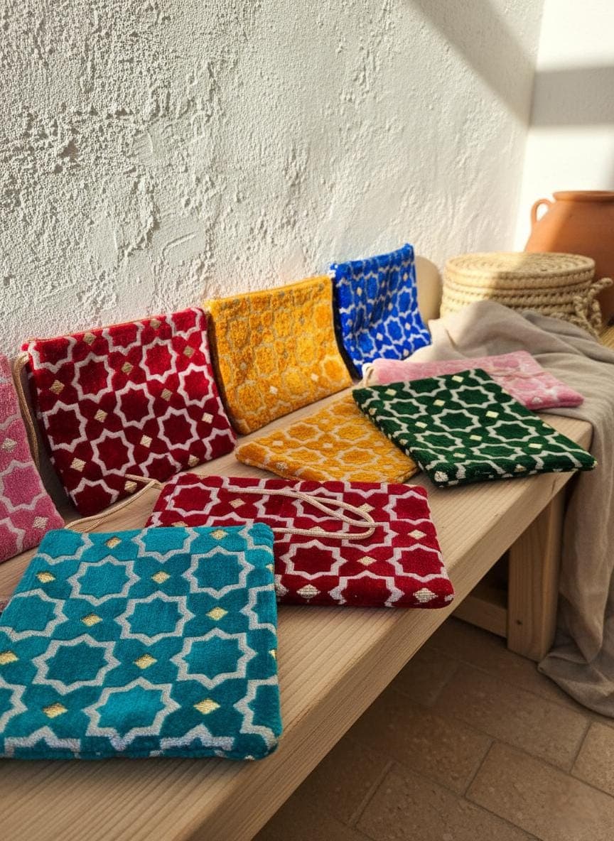 Pochette Zippée Velours Brocard Marocain - Trousse Maquillage Artisanale - Sac à Main Ethnique Fait Main