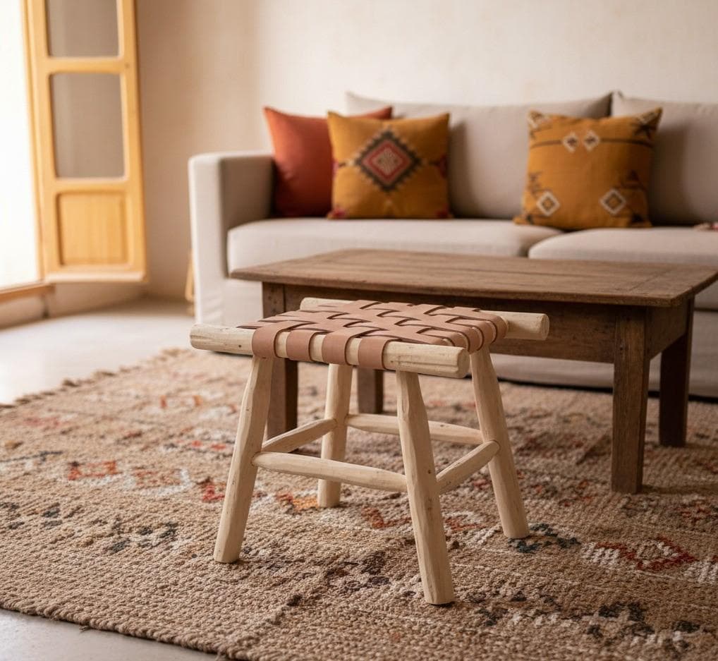Tabouret en bois et cuir tressé