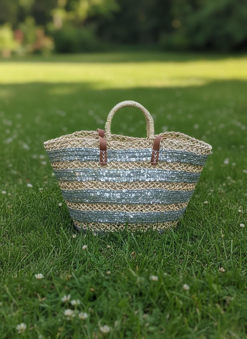 Sac cabas en paille brodée de sequins gris – Anses cuir et fermeture filet – Artisanat marocain chic et bohème