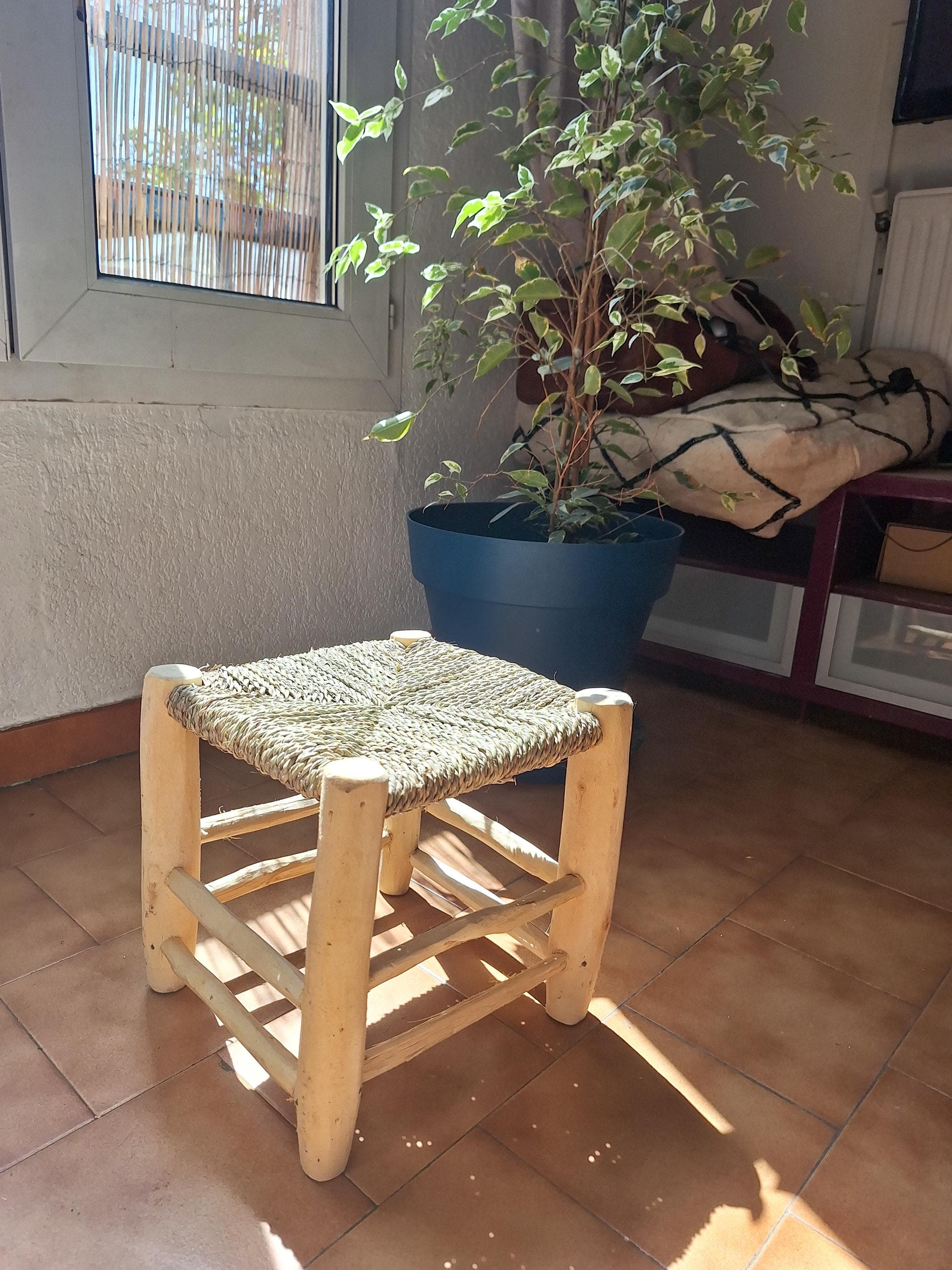 Handcrafted Wooden and Palm Leaf Stool - Handmade in Morocco - Boho & Rustic Accent Seat