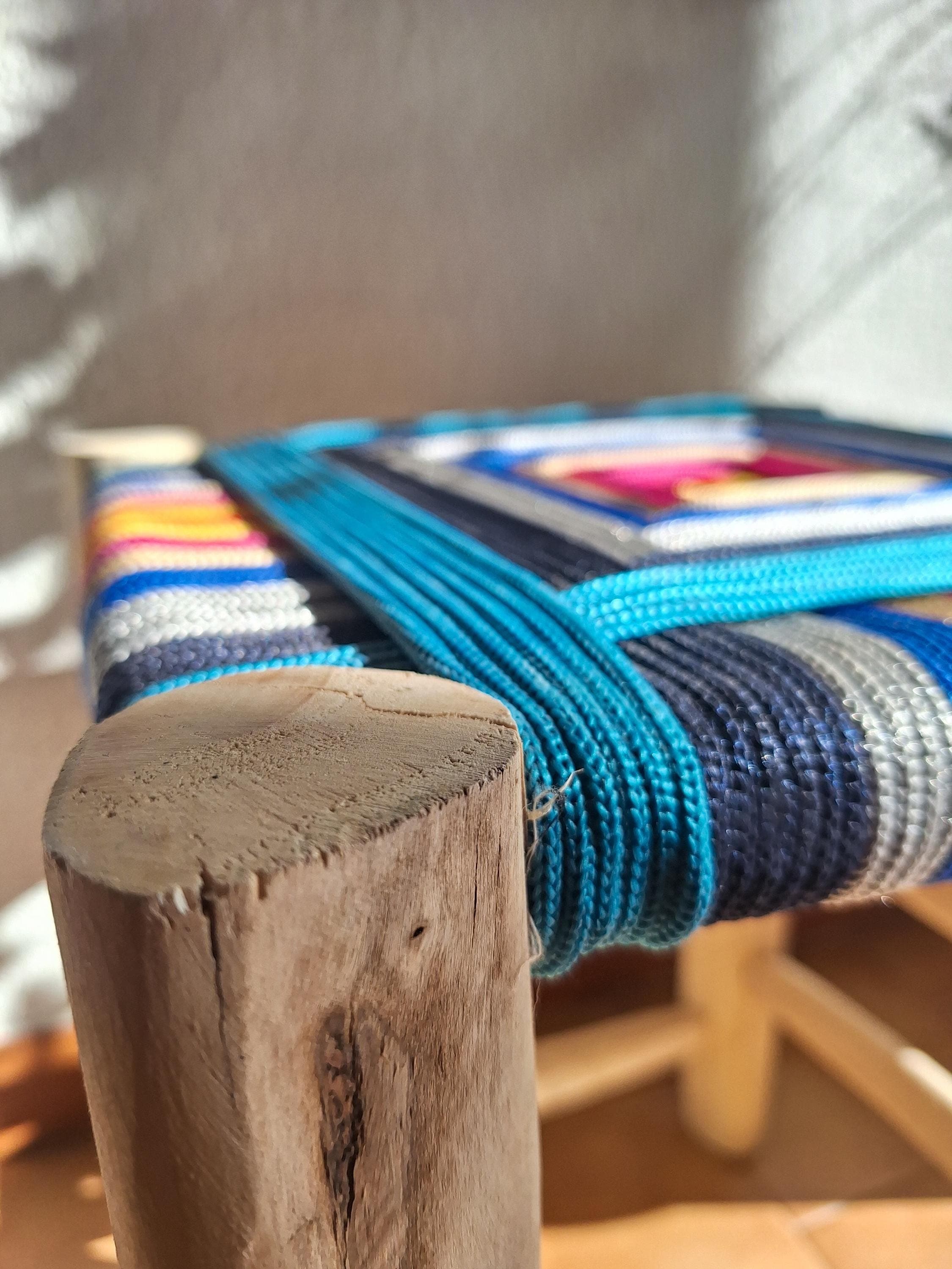 Boho stool in wood and colorful weaving