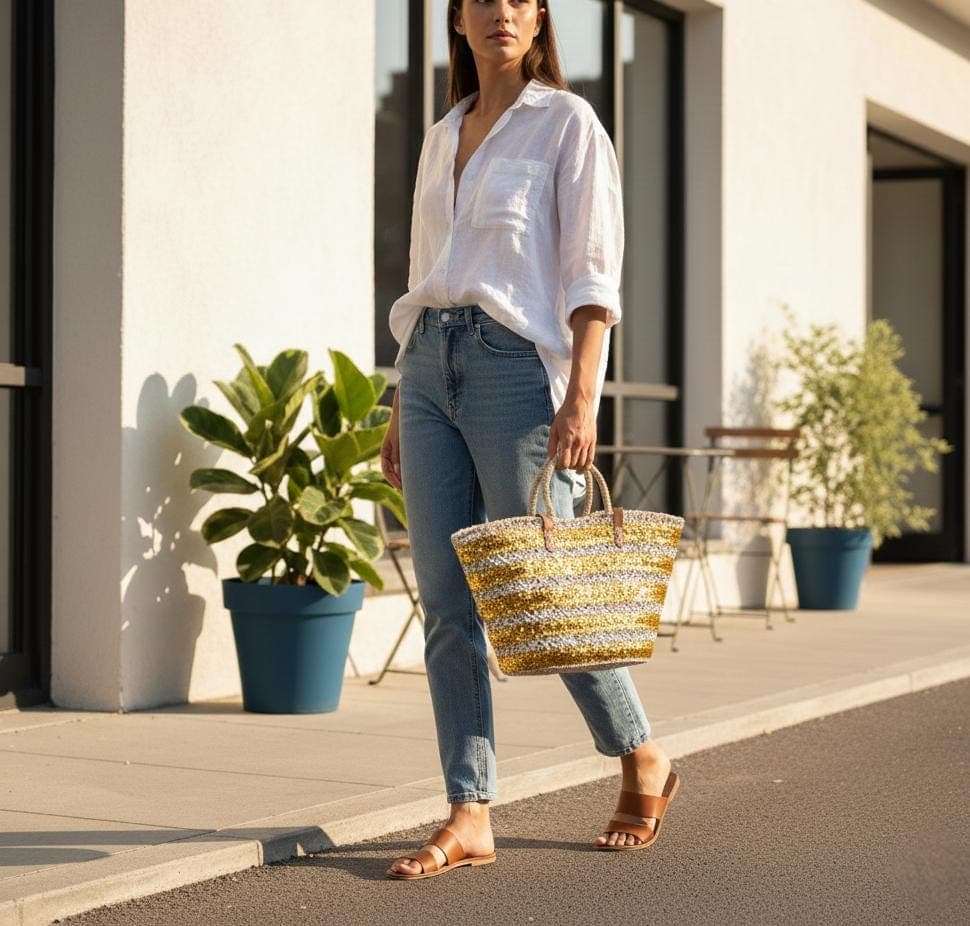 Sac cabas en paille brodée de sequins gris – Anses cuir et fermeture filet – Artisanat marocain chic et bohème