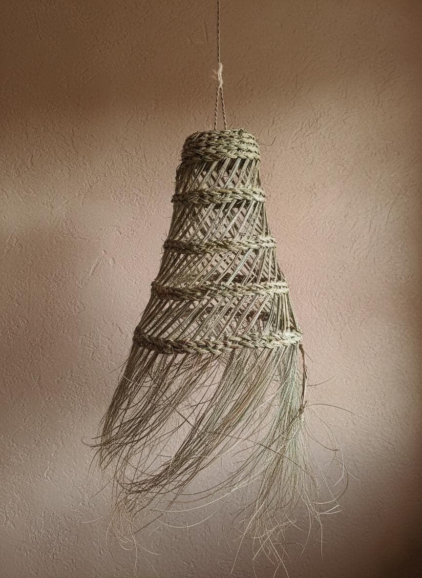 Openwork conical palm leaf pendant light – Natural woven straw lampshade
