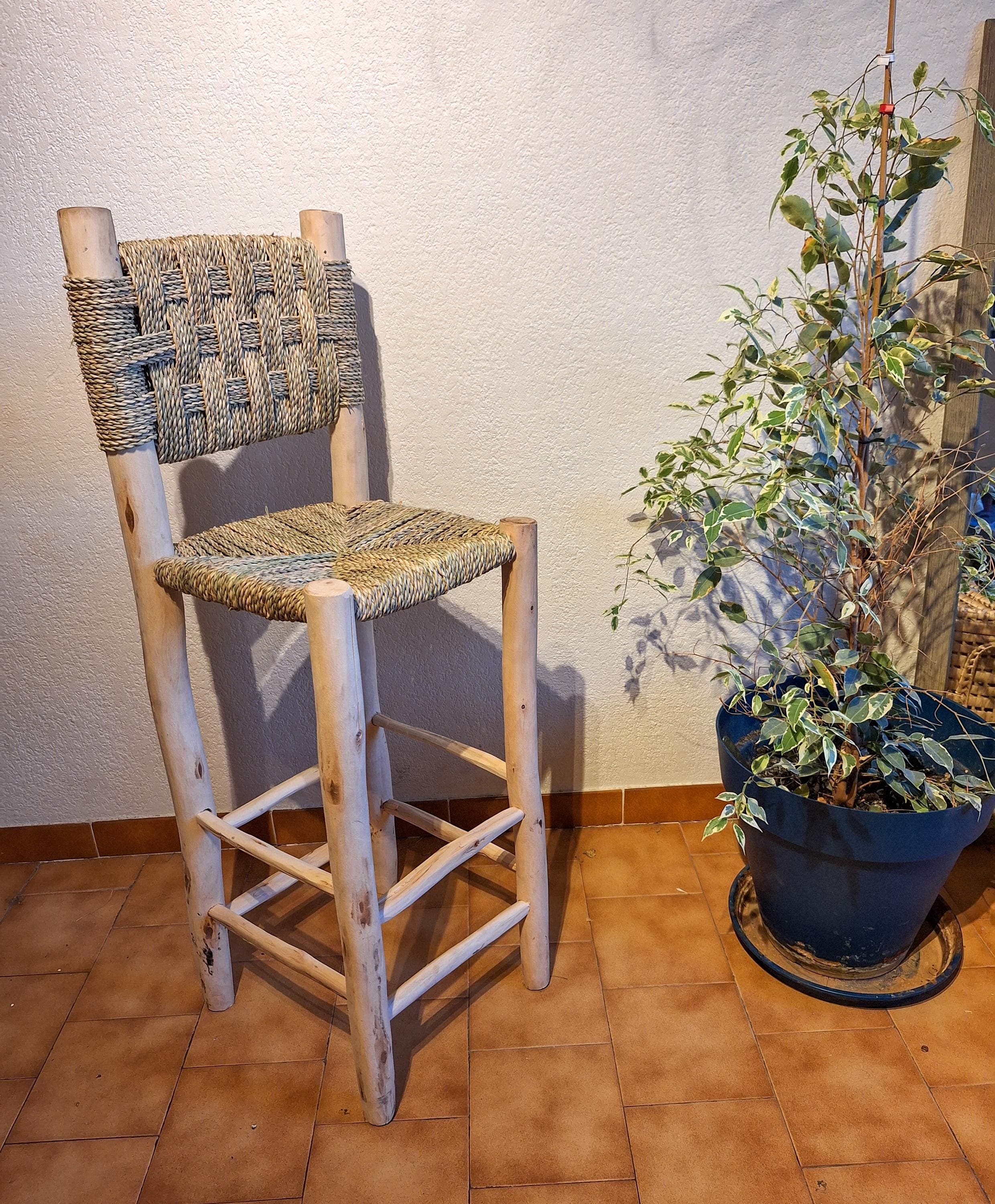 Handmade Moroccan Bar Stool - Eucalyptus Wood & Palm Leaf - Boho Handcrafted High Chair