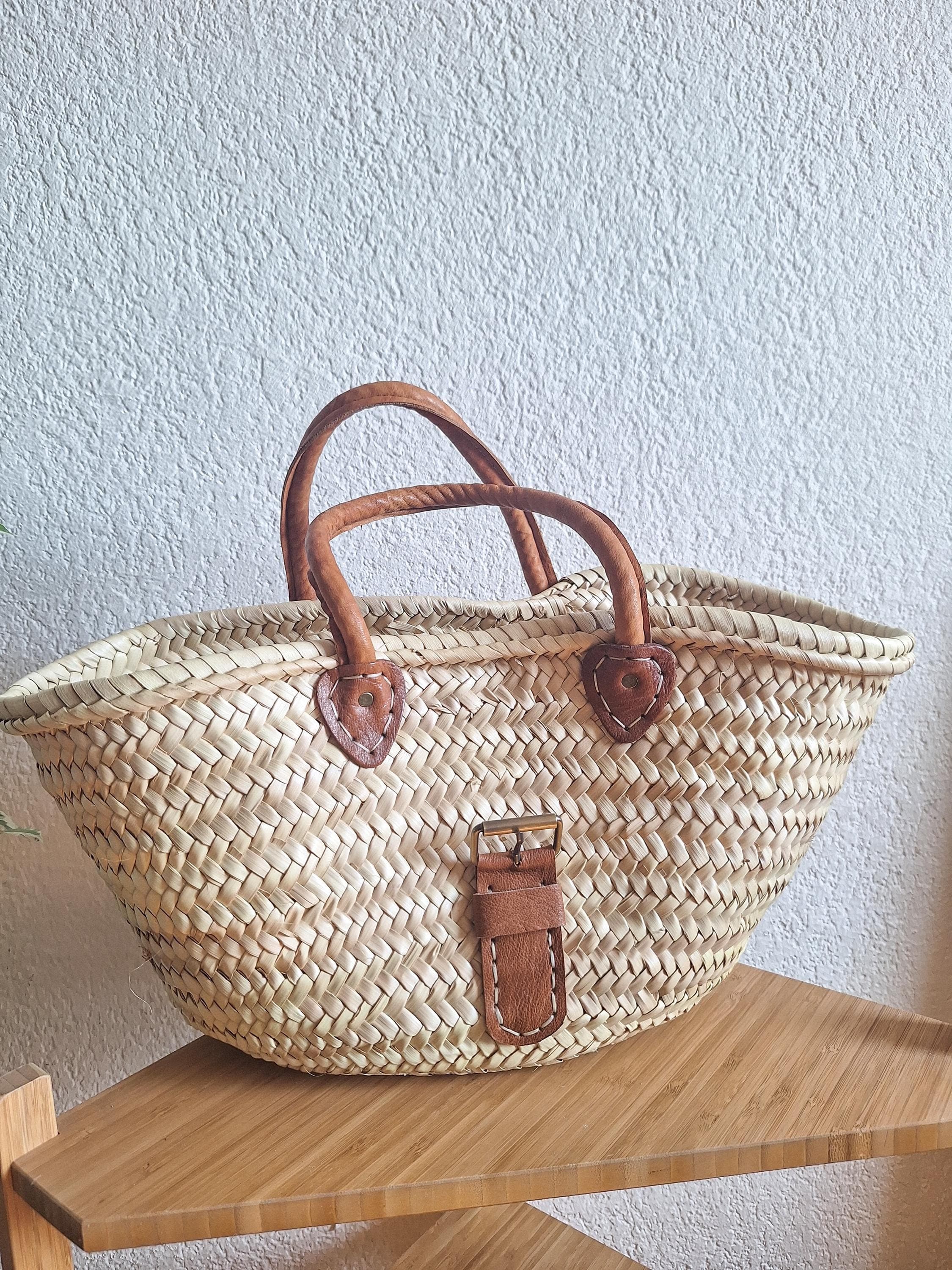Panier cabas en paille avec poignée et fermeture en cuir – Sac bohème chic artisanal marocain – Sac d’été artisanal fait main