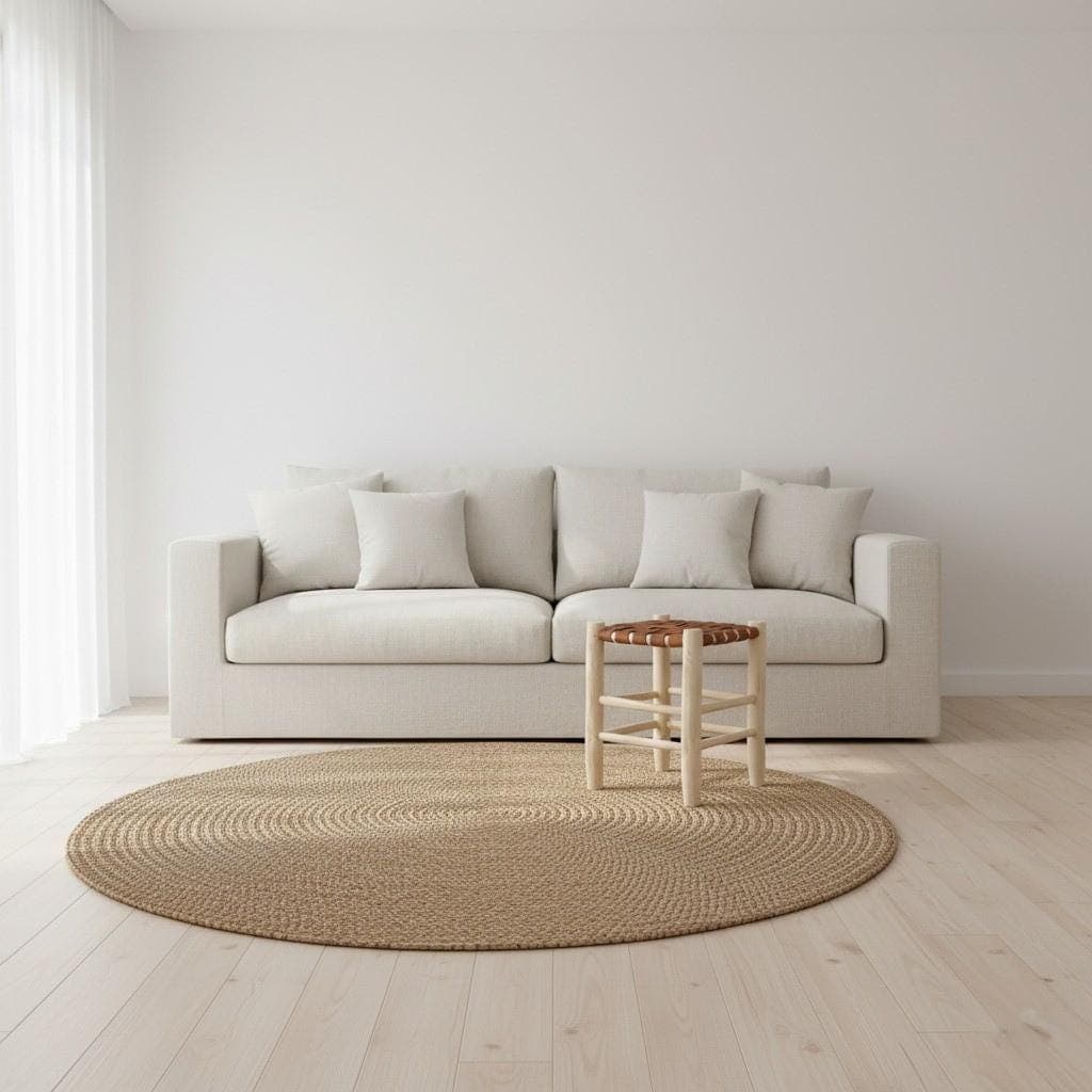 Tabouret en bois et cuir tressé – Design artisanal et esprit bohème chic