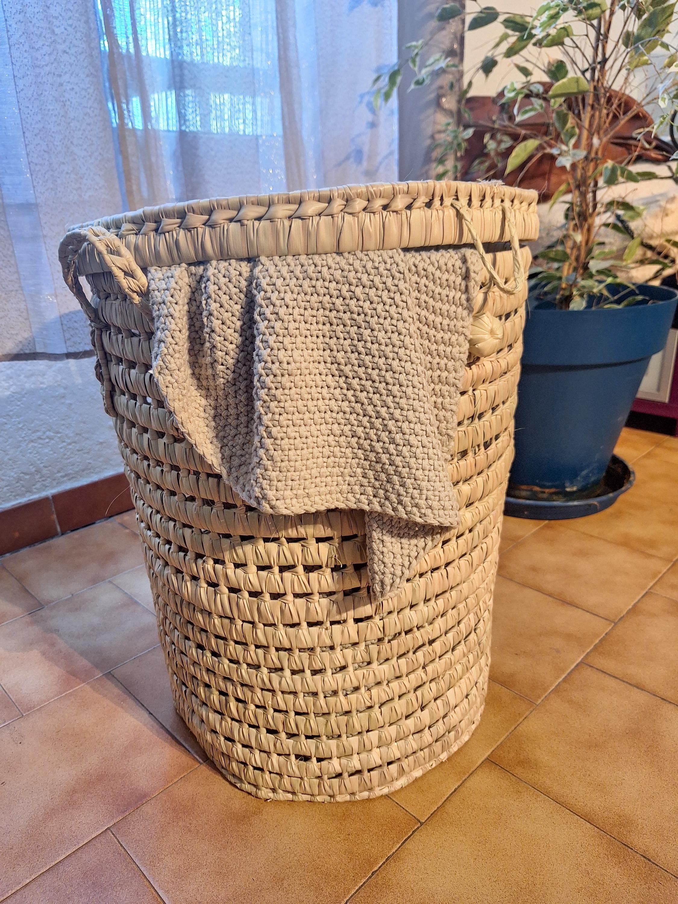 Round woven palm leaf basket – Handmade laundry basket or decorative storage