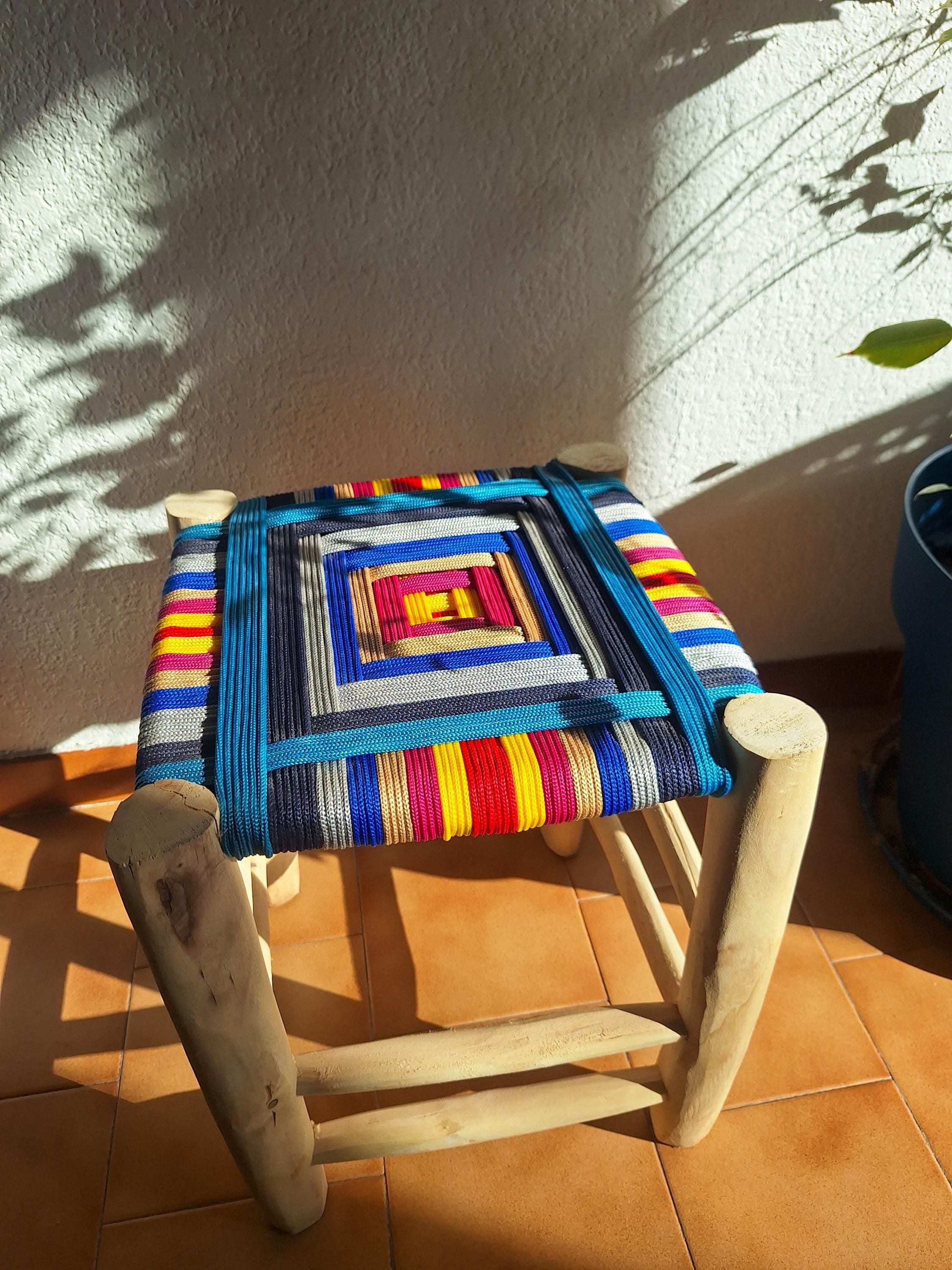 Boho stool in wood and colorful weaving