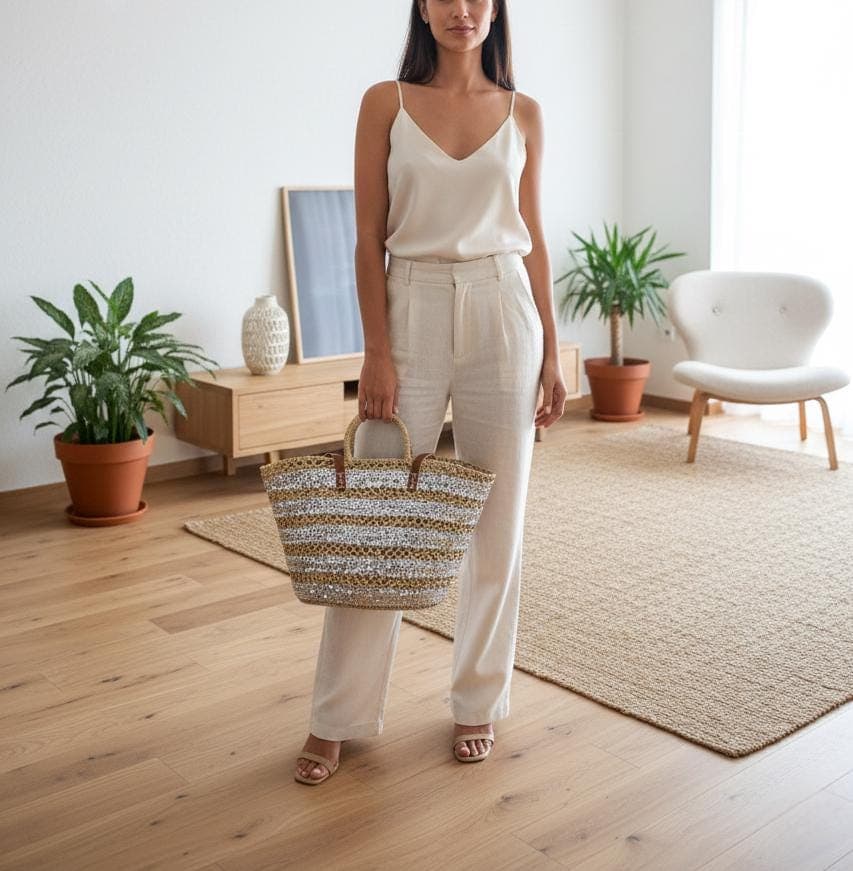 Sac cabas en paille brodée de sequins gris – Anses cuir et fermeture filet – Artisanat marocain chic et bohème