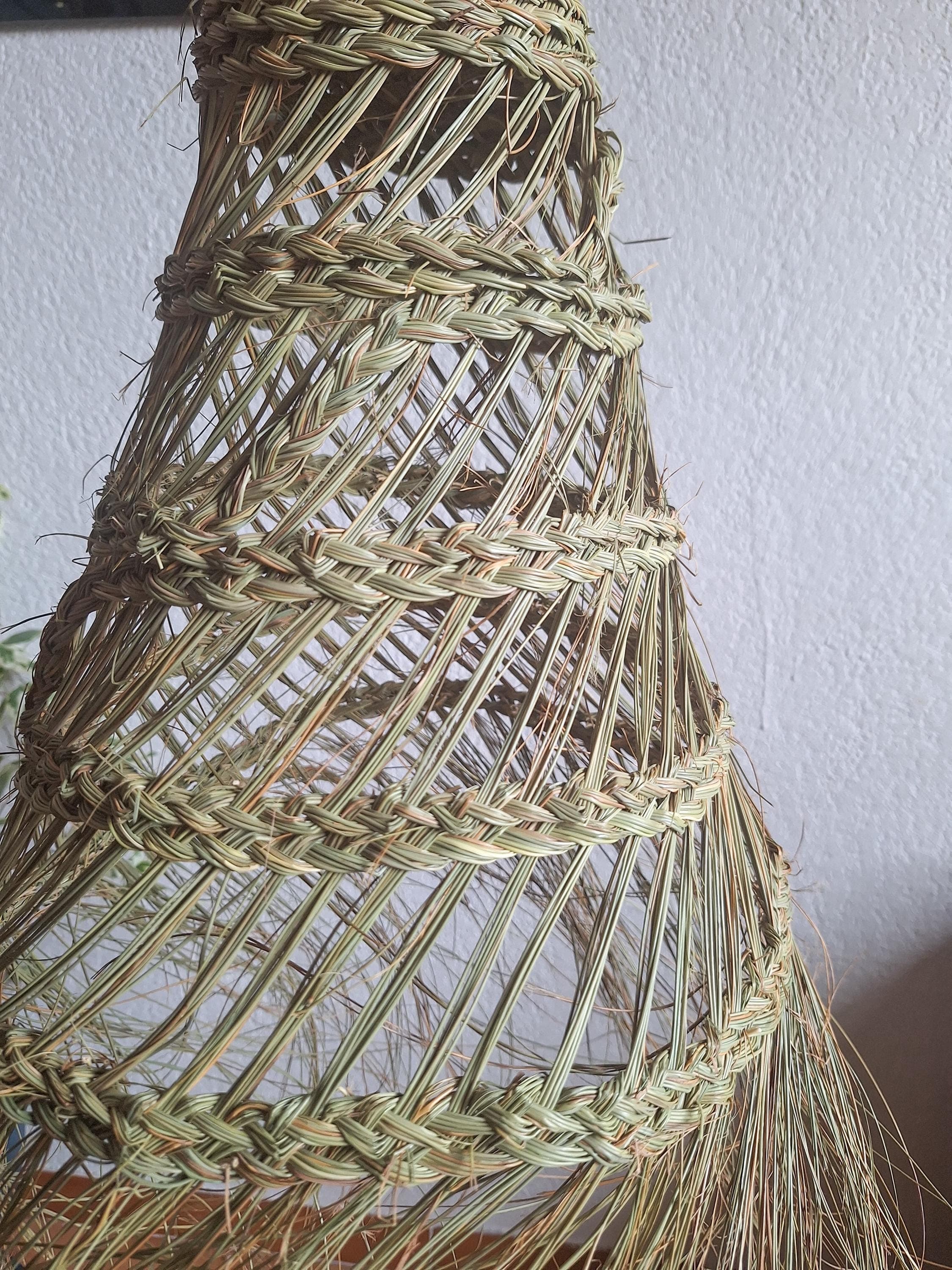 Openwork conical palm leaf pendant light