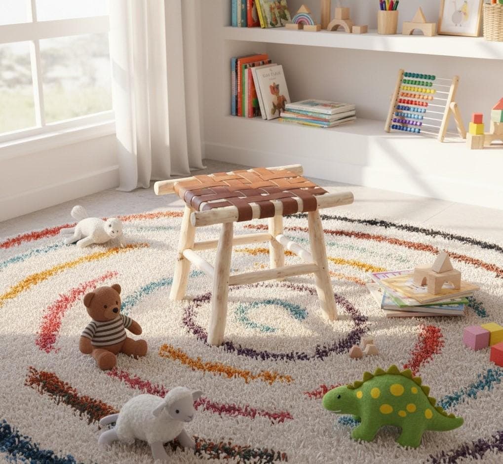 Tabouret en bois et cuir tressé