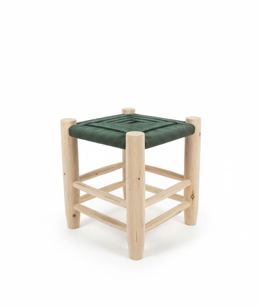 Tabouret marocain en bois et corde vert – Meuble artisanal bohème