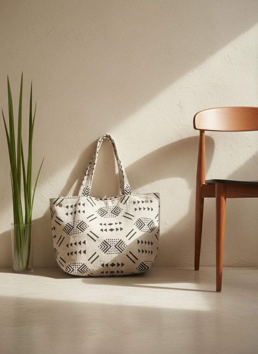 Large White Moroccan Tote Bag - Black Berber Pattern Fabric - Boho Chic Shoulder Bag - Handmade Ethnic Market & Beach Bag