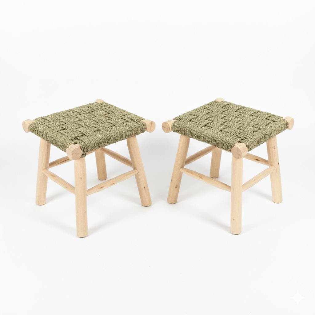Tabouret marocain en bois et feuille de palmier tressée – Siège artisanal bohème en fibres naturelles