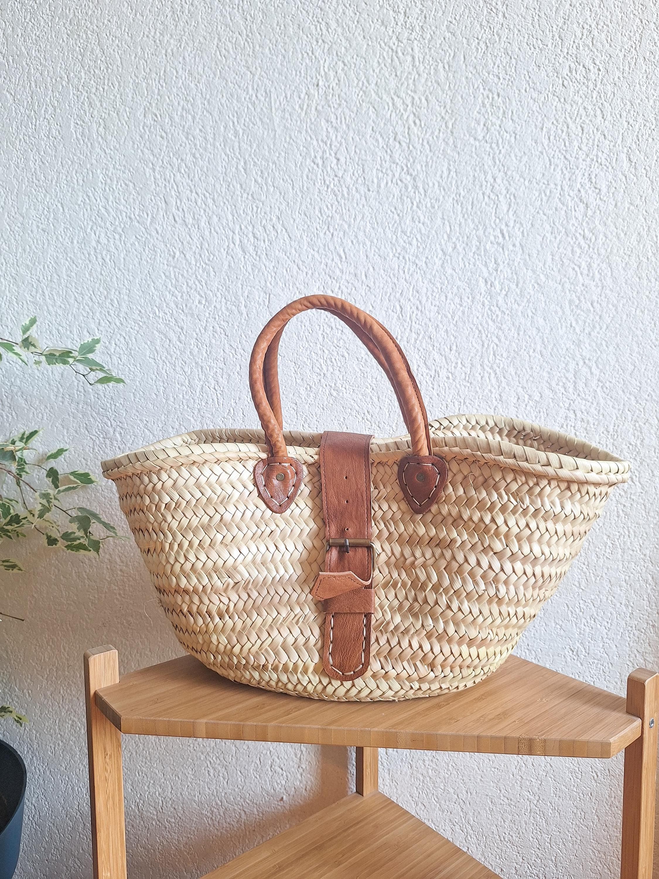 Panier cabas en paille avec poignée et fermeture en cuir – Sac bohème chic artisanal marocain – Sac d’été artisanal fait main
