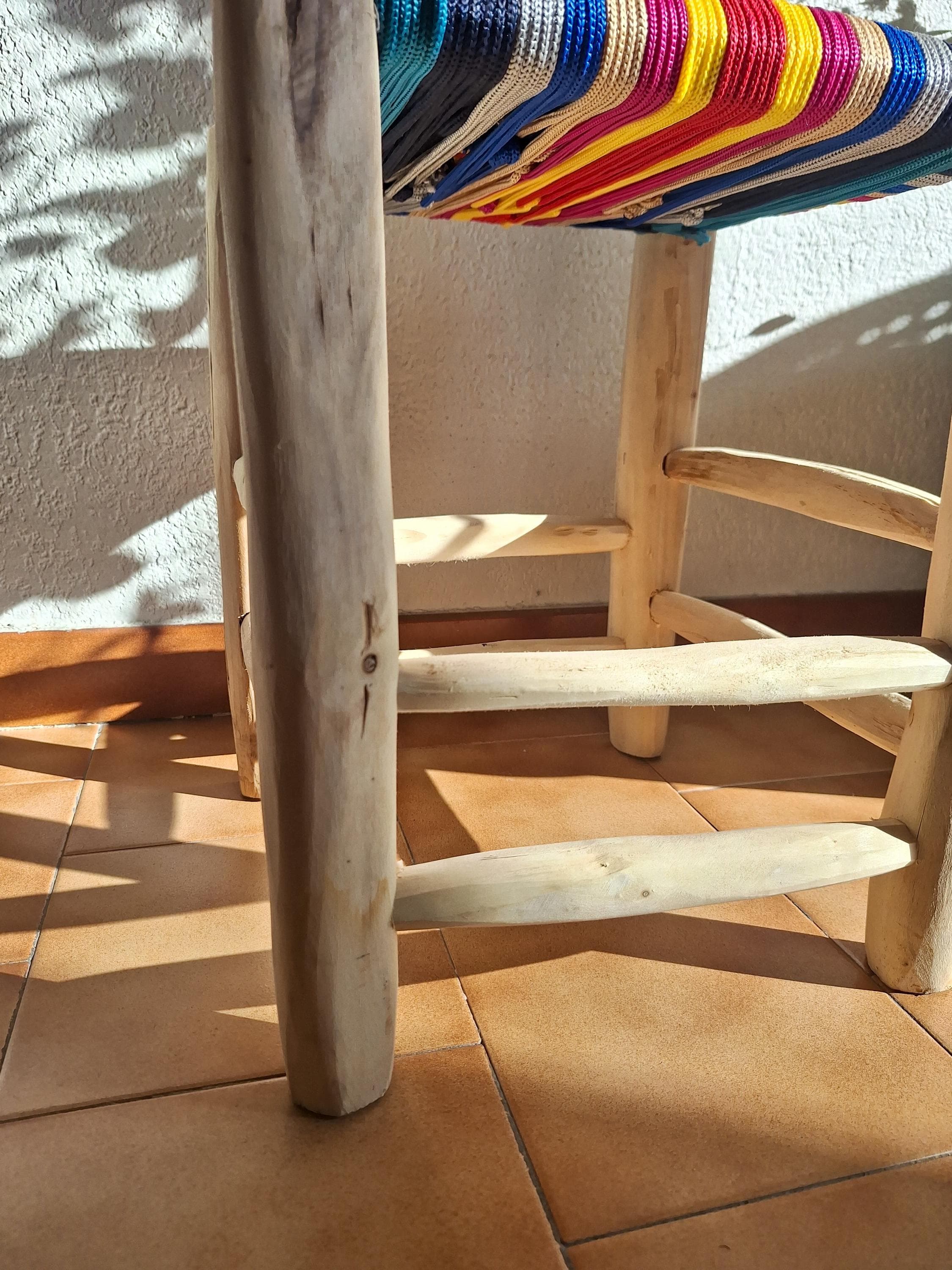 Boho stool in wood and colorful weaving