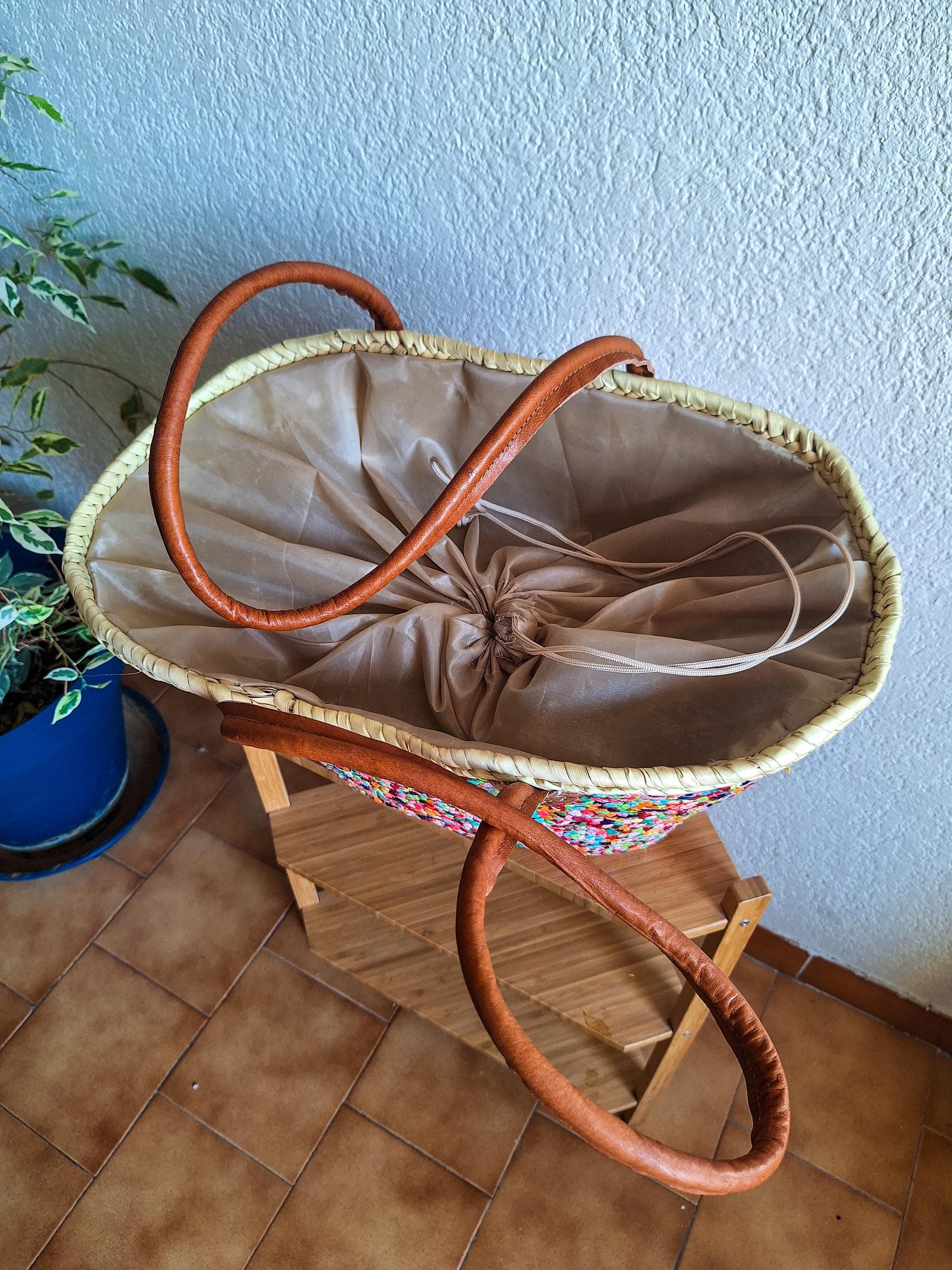 Sac fourre-tout marocain en paille à sequins tissés à la main - Panier de plage et de marché à sequins colorés avec poignées en cuir