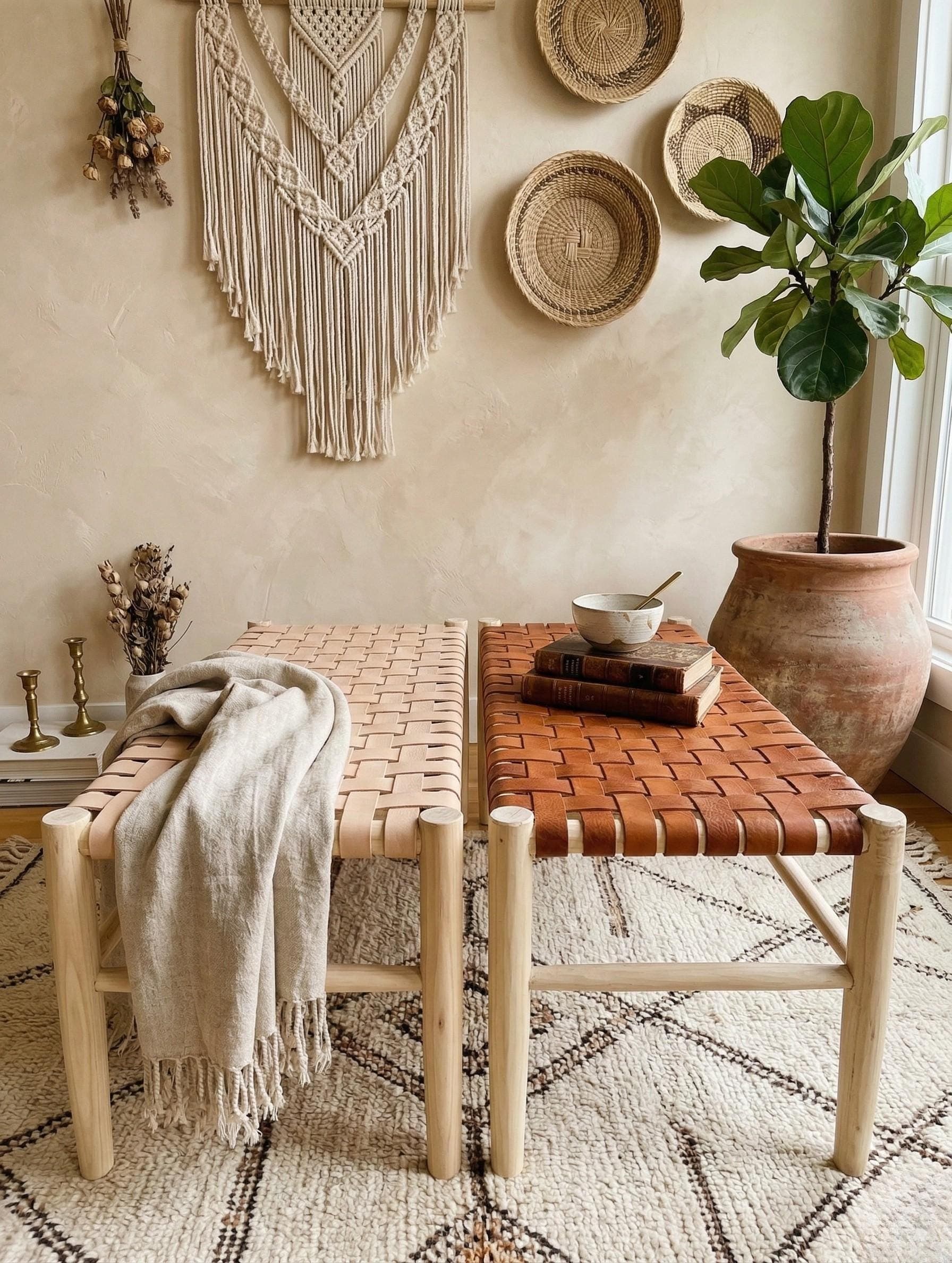 Banc artisanal en bois et cuir tressé – cuir foncé ou cuir clair – Style bohème chic et rustique moderne