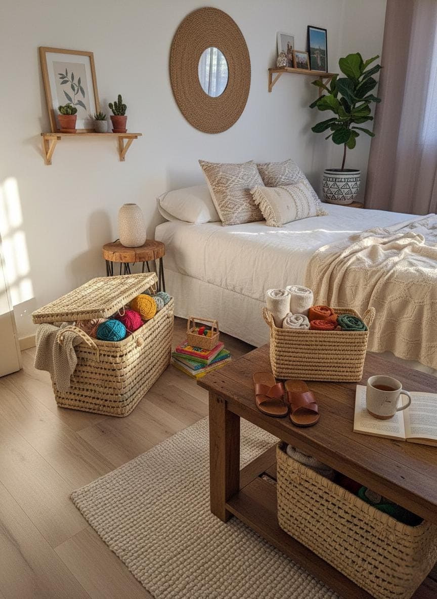 Malle de rangement artisanal en osier – Panier fibres naturelles et déco bohème