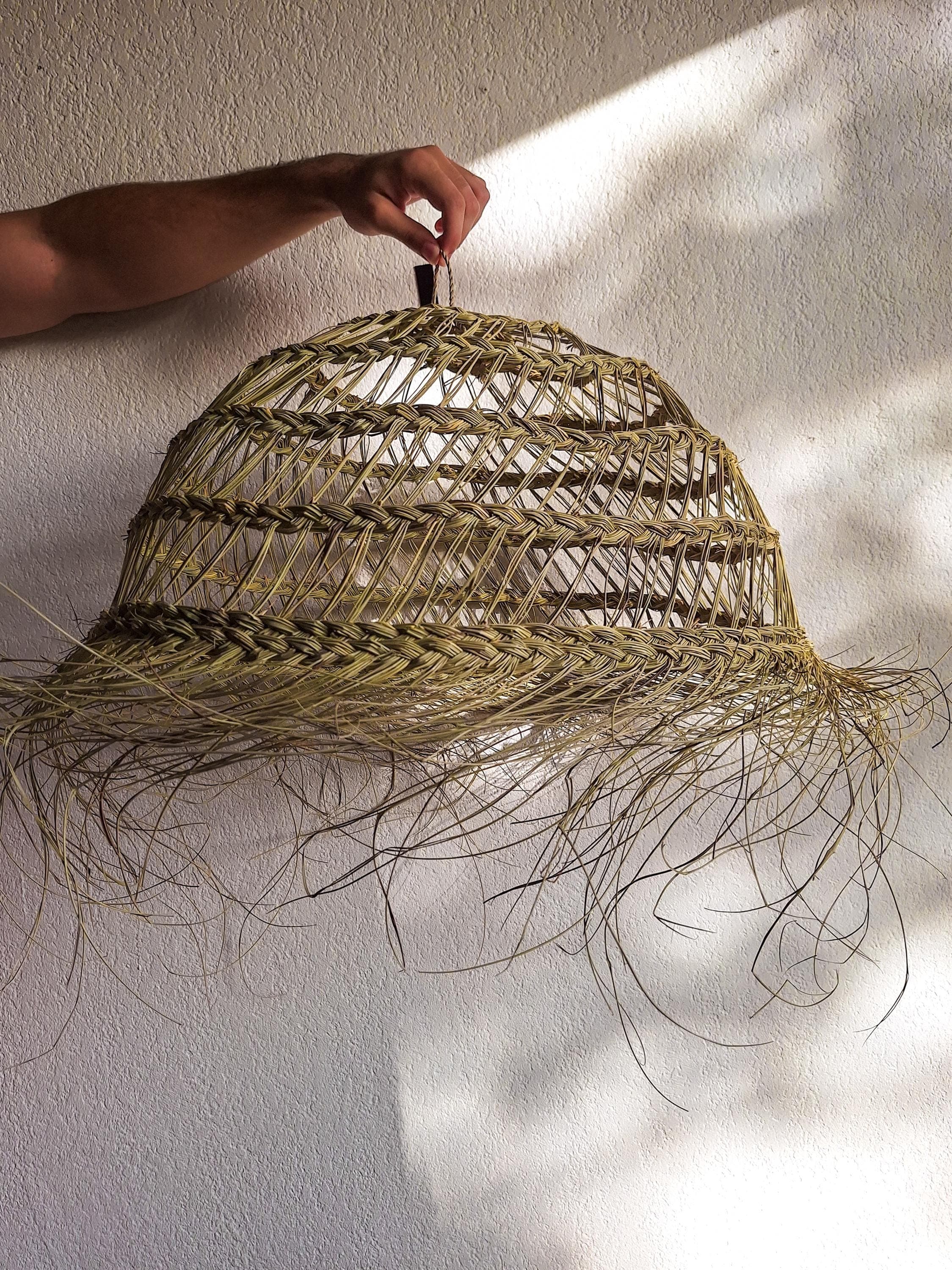 Openwork Half Ball Palm Leaf Pendant Light - Handmade Natural Boho Lampshade - Eco-Friendly Artisan Lighting