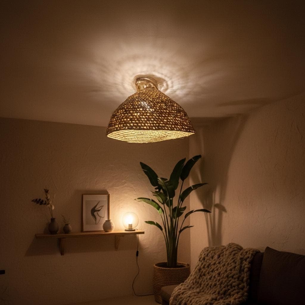 Suspension Demi-Boule Feuille de Palmier - Luminaire Naturel Bohème - Abat-jour Artisanal Osier Fait Main