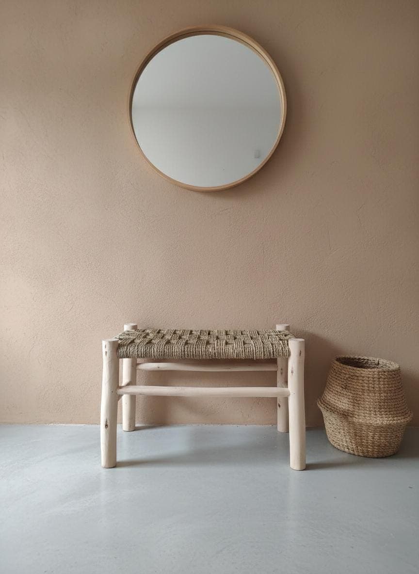 Moroccan Wooden Bench with Woven Palm Seat – Handmade Rustic Boho Entryway Bench – Natural Fiber Artisan Furniture