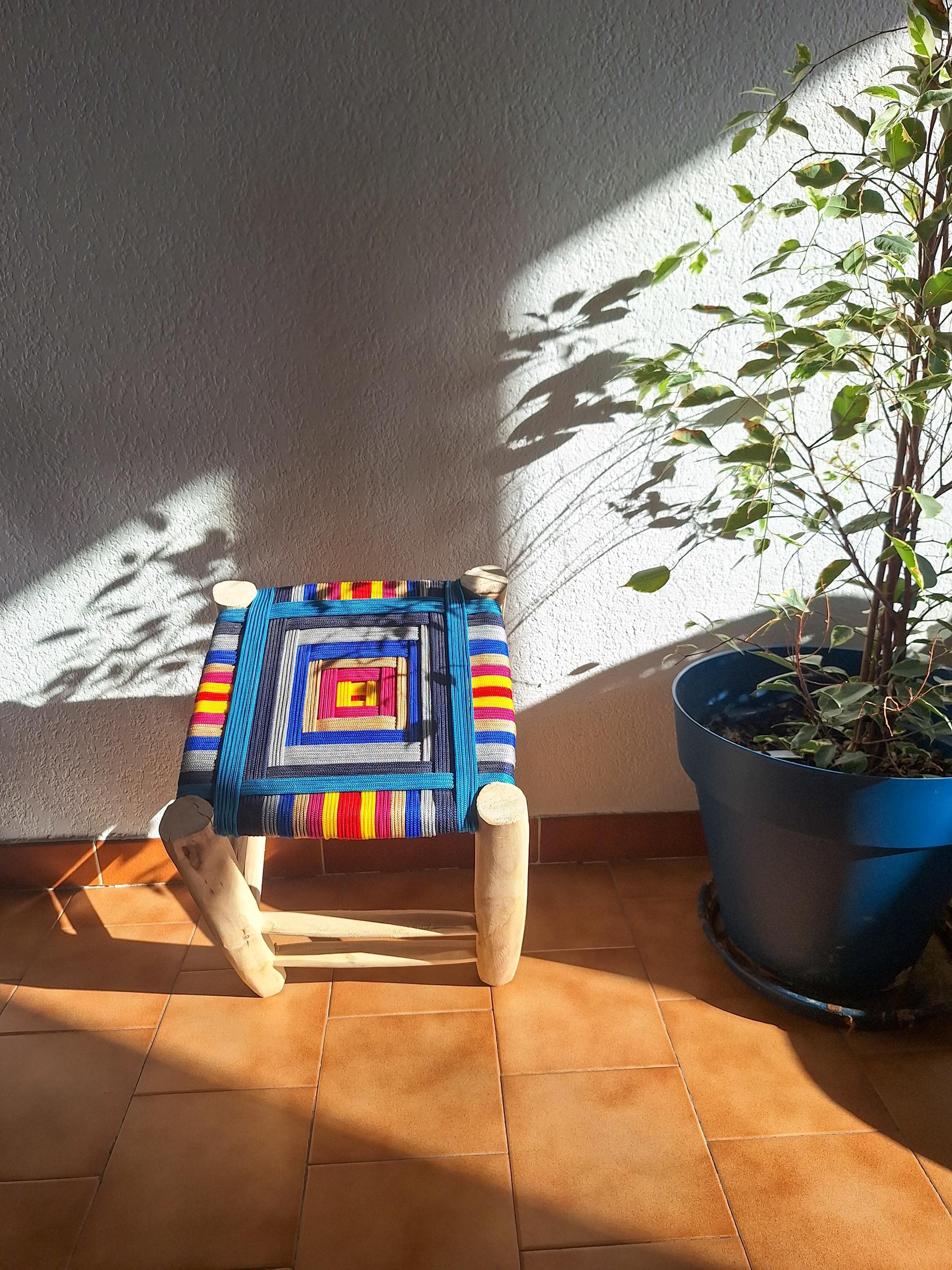 Boho stool in wood and colorful weaving
