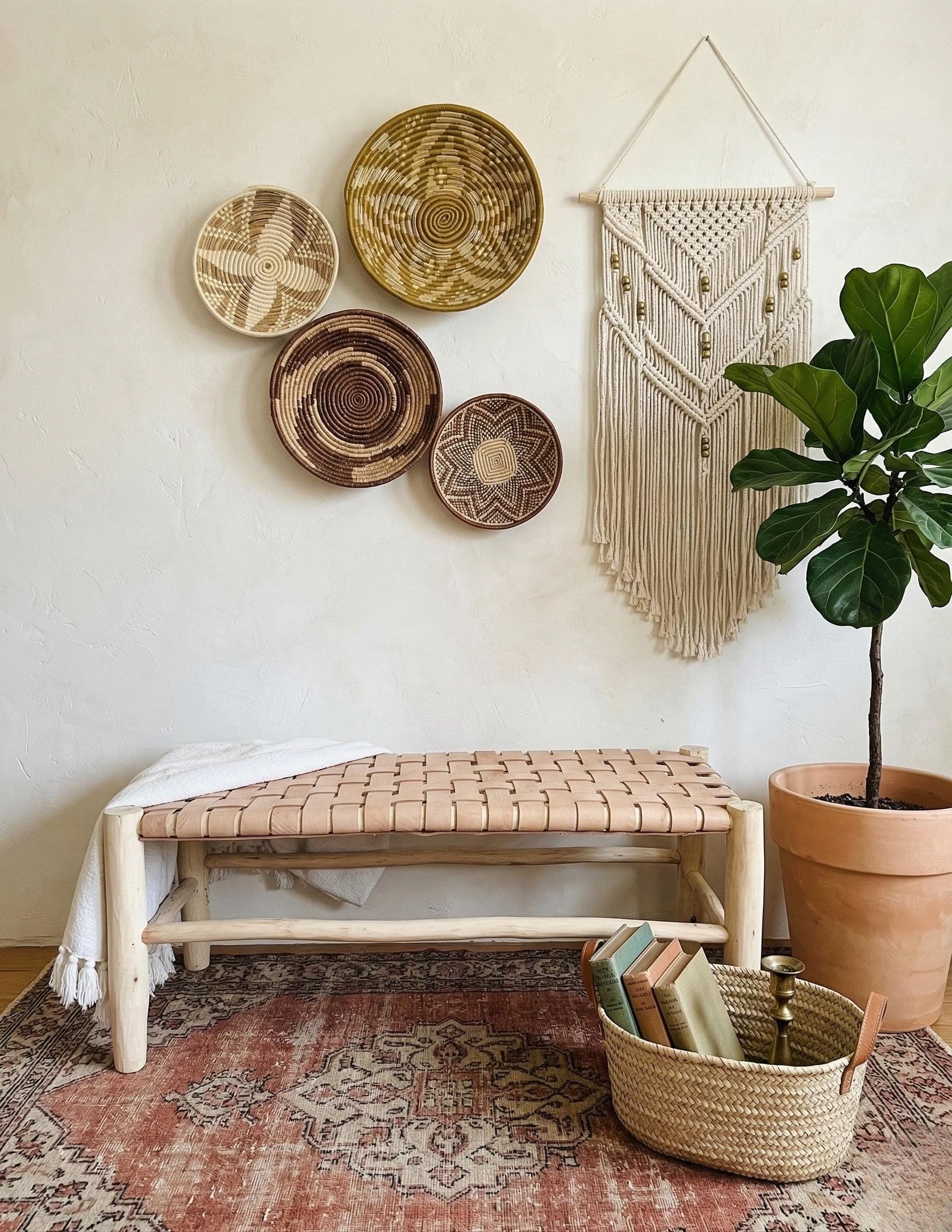 Banc artisanal en bois et cuir tressé – cuir foncé ou cuir clair – Style bohème chic et rustique moderne