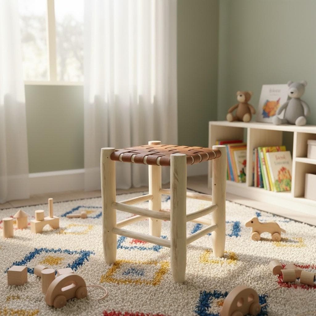 Tabouret en bois et cuir tressé – Design artisanal et esprit bohème chic