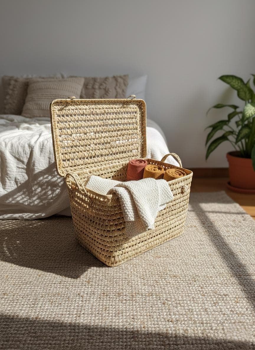 Malle de rangement artisanal en osier – Panier fibres naturelles et déco bohème