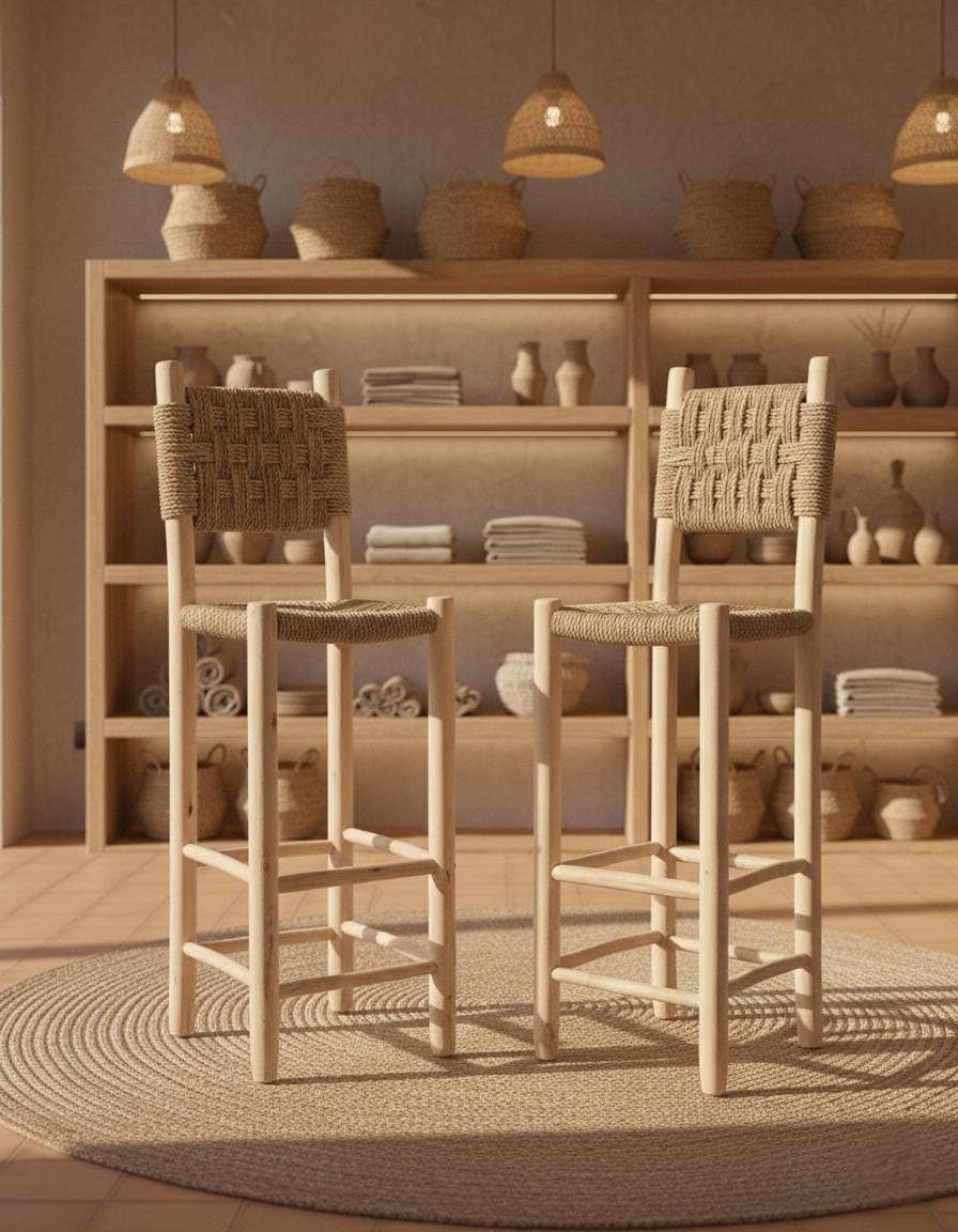 Tabouret de Bar Marocain Fait Main - Bois Eucalyptus et Feuille de Palmier - Chaise Haute Artisanale Bohème