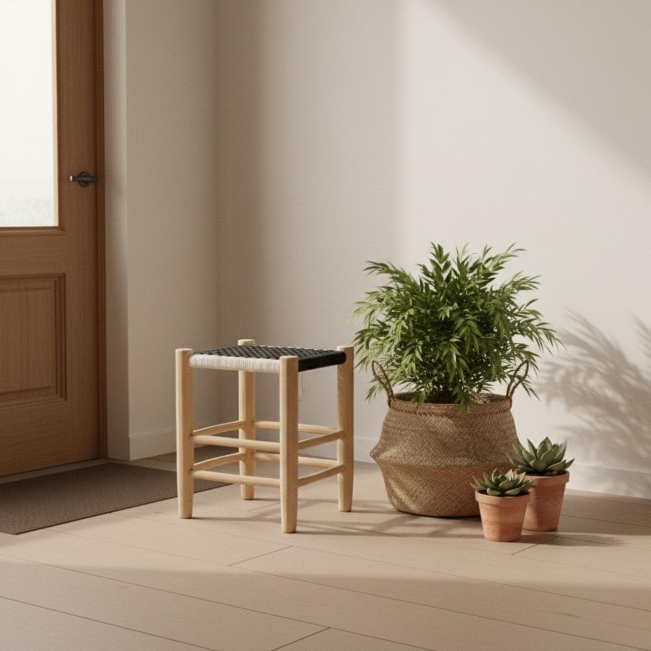 Tabouret artisanal en bois clair et assise tressée – déco naturelle et éthique