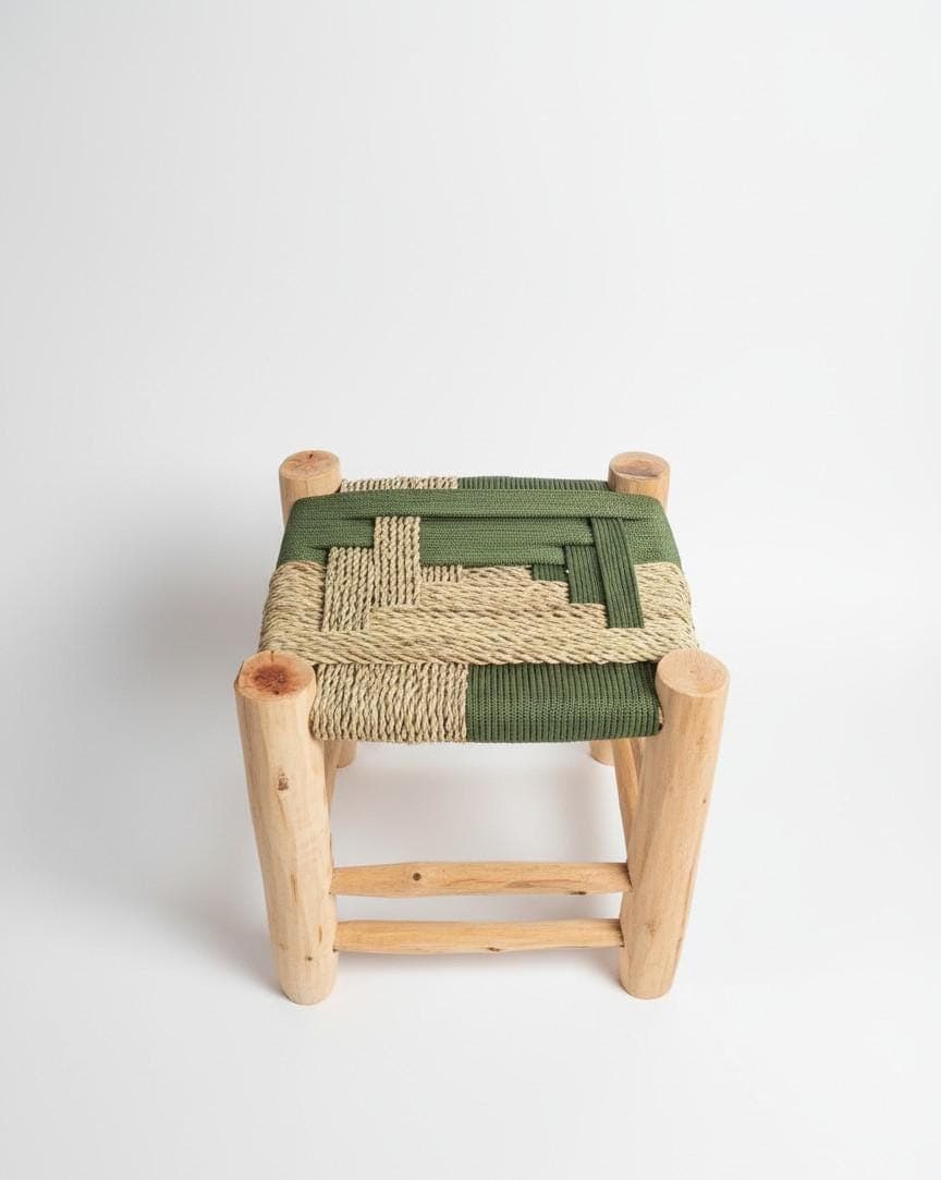 Moroccan handcrafted stool in wood and green rope